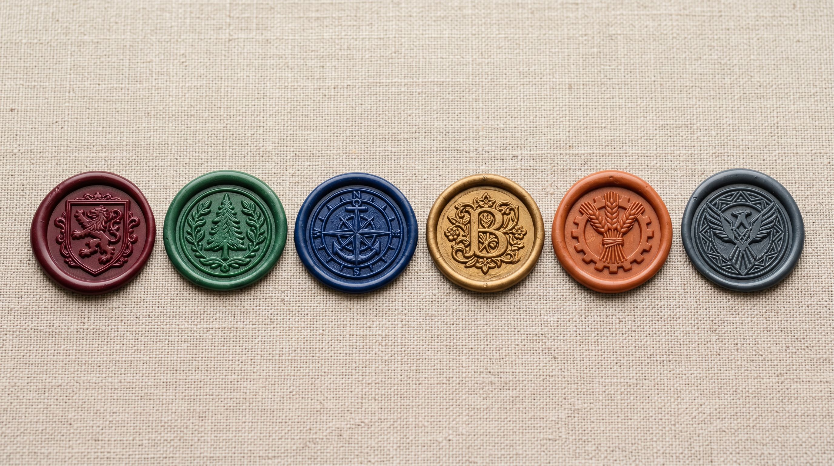 Six distinctly styled wax seals in varied colours representing unique client brand profiles.