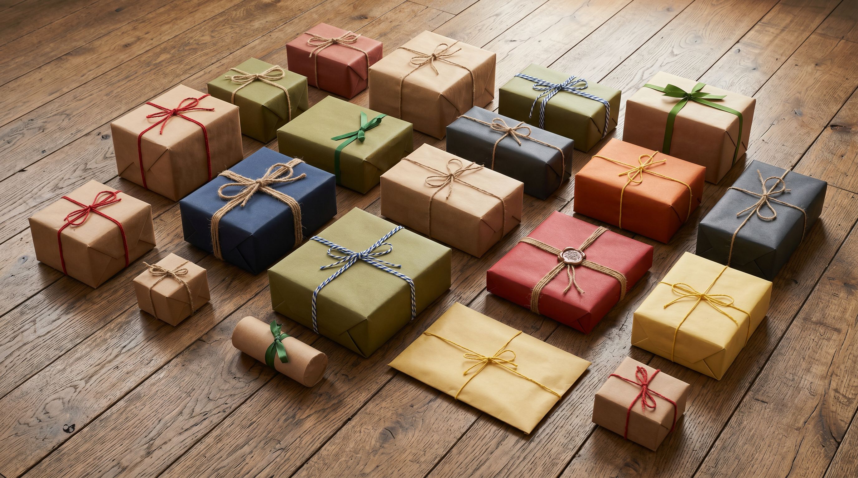 Assorted kraft paper parcels tied with different coloured string representing varied delivery configurations.