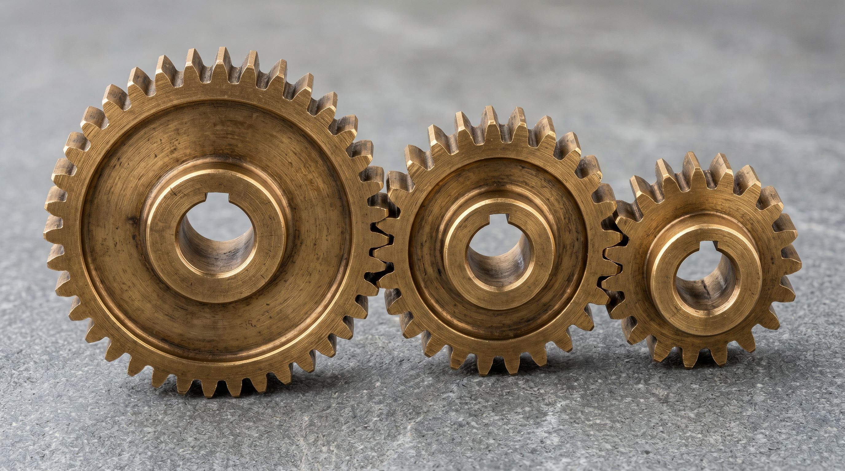 Three interlocking brass mechanical gears representing automated recurring import workflows.
