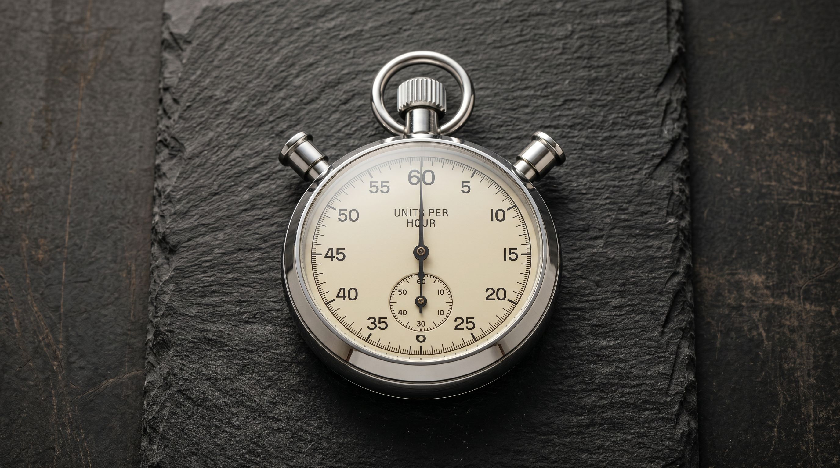 Polished silver stopwatch on dark slate representing time saved through an efficient agency workflow.