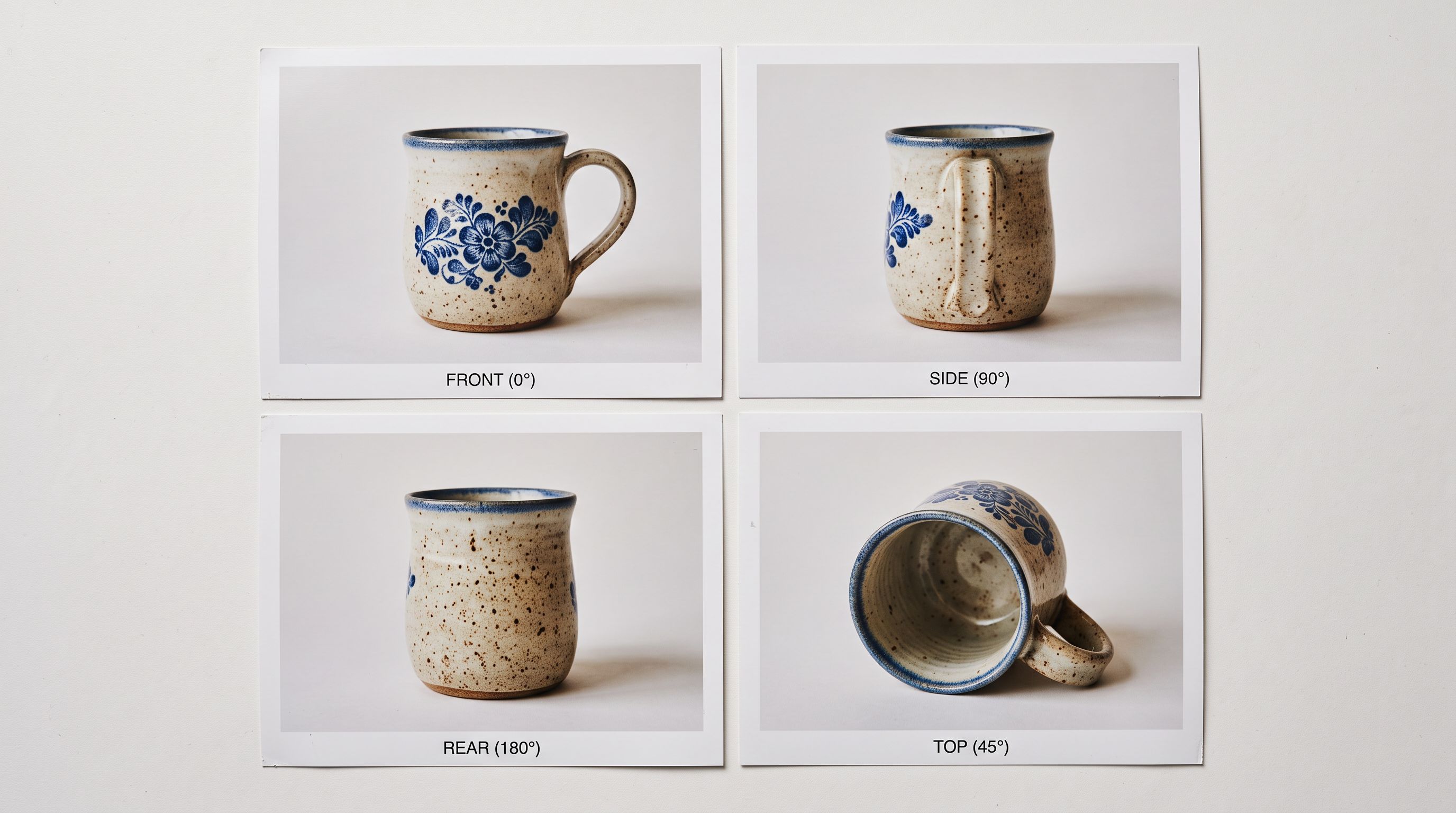Four printed photographs of the same ceramic mug arranged in a two-by-two grid on a white surface, each photo showing a different angle and labelled with an angle name beneath it.