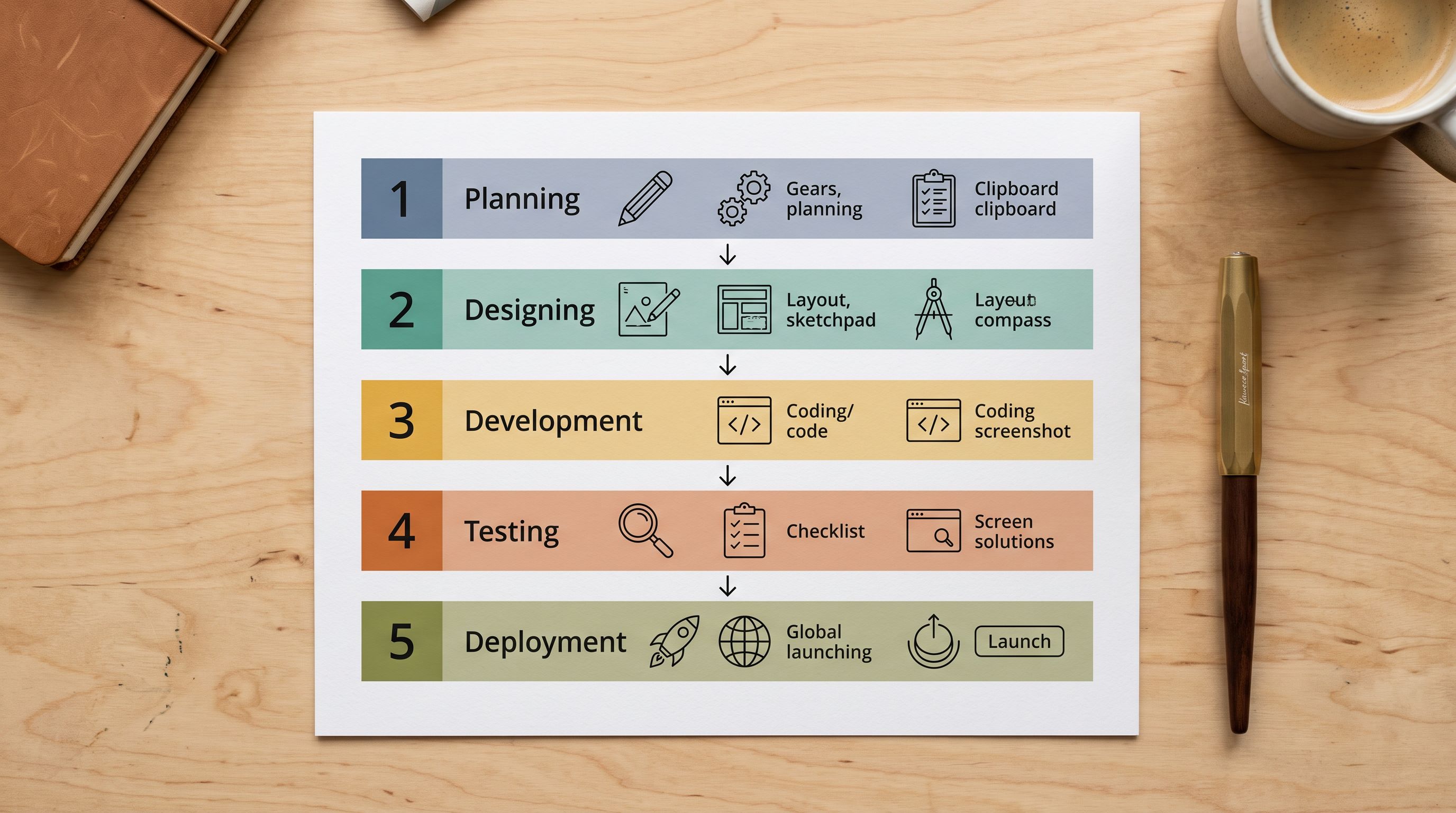 A printed five-step workflow diagram resting on a light birchwood surface, each numbered step shown in a separate horizontal row with a brief descriptor beside it and a directional arrow between steps.