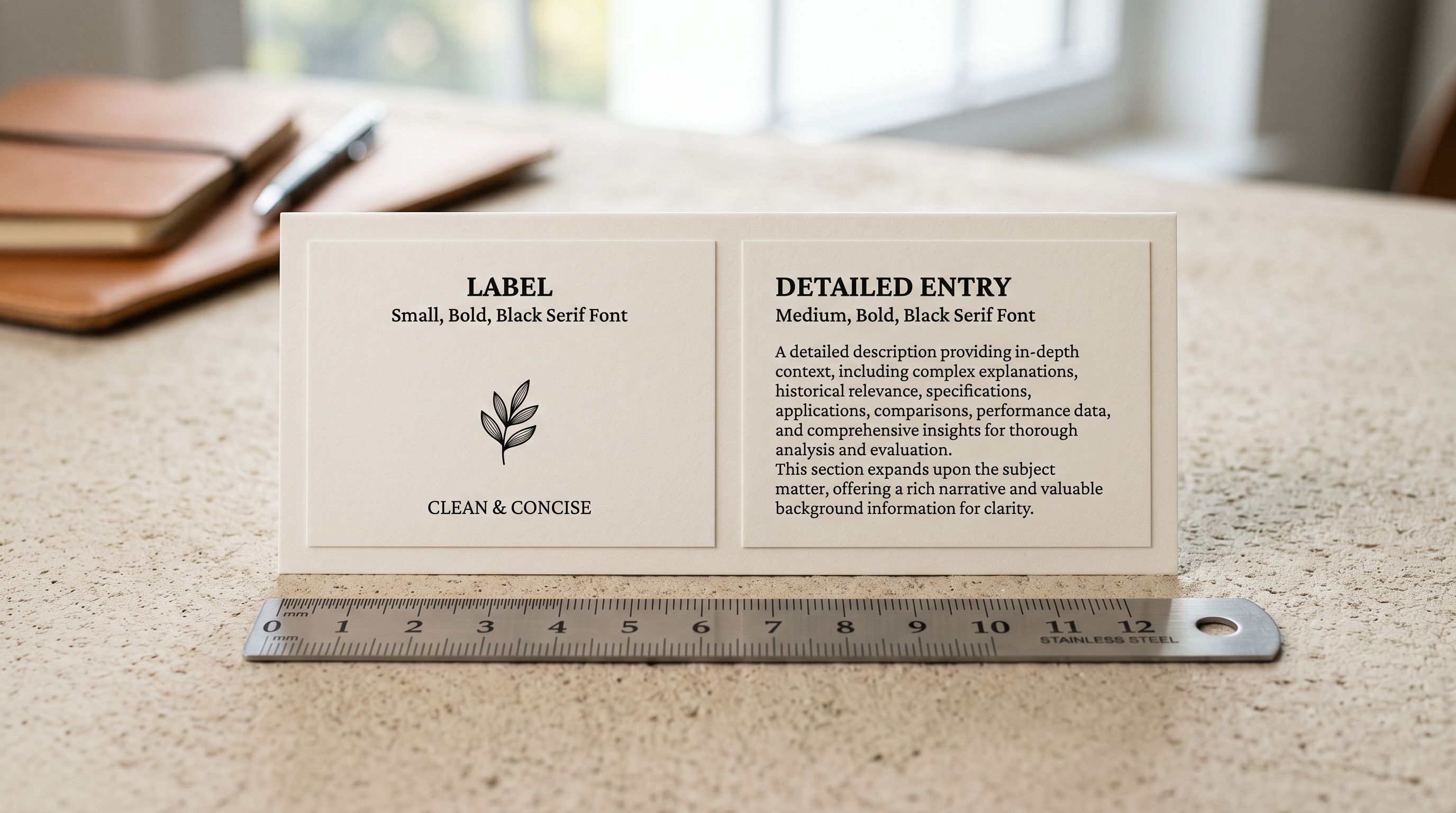 A printed side-by-side comparison card on a pale work surface showing a short four-word product title on the left and a detailed twenty-word retail title on the right, a ruler resting beneath the two examples.