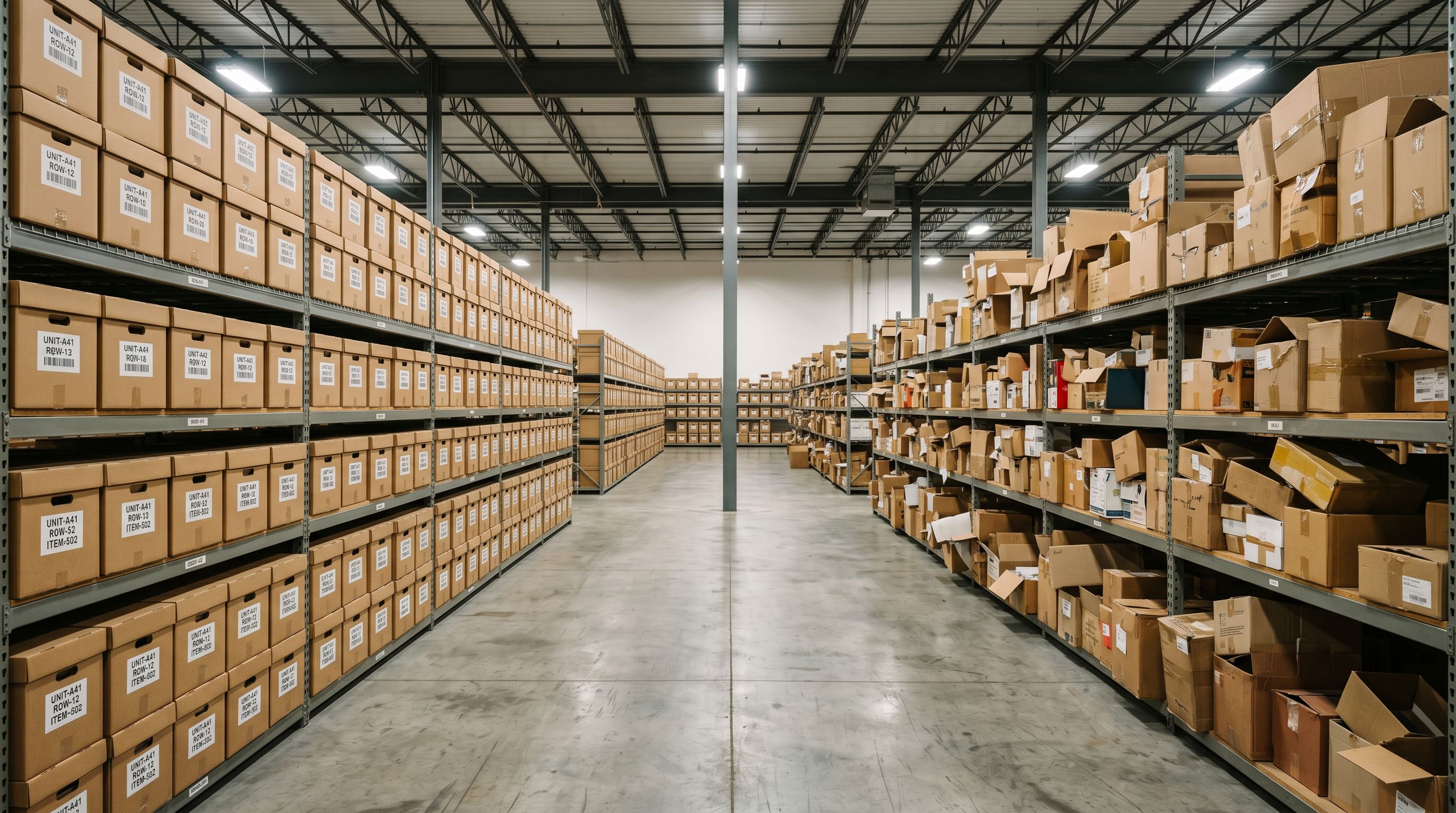 Commercial warehouse showing organised labelled shelving on one side and disordered unlabelled boxes on the other