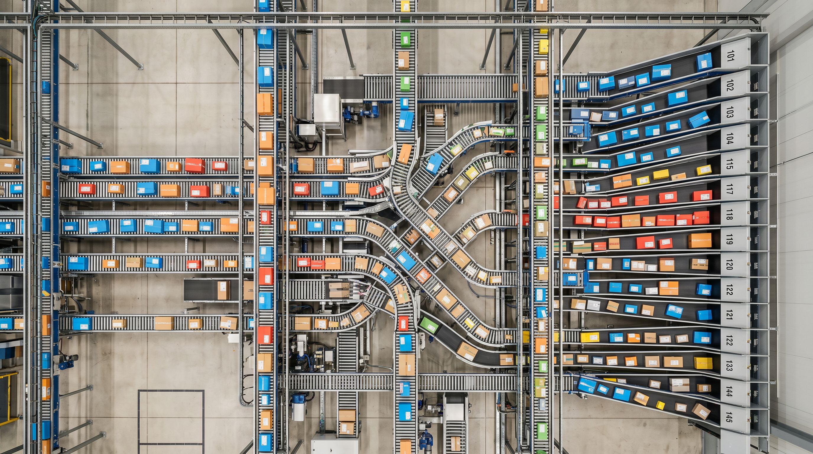 Overhead view of automated industrial sorting conveyor routing colour-coded parcels to numbered outlet bins