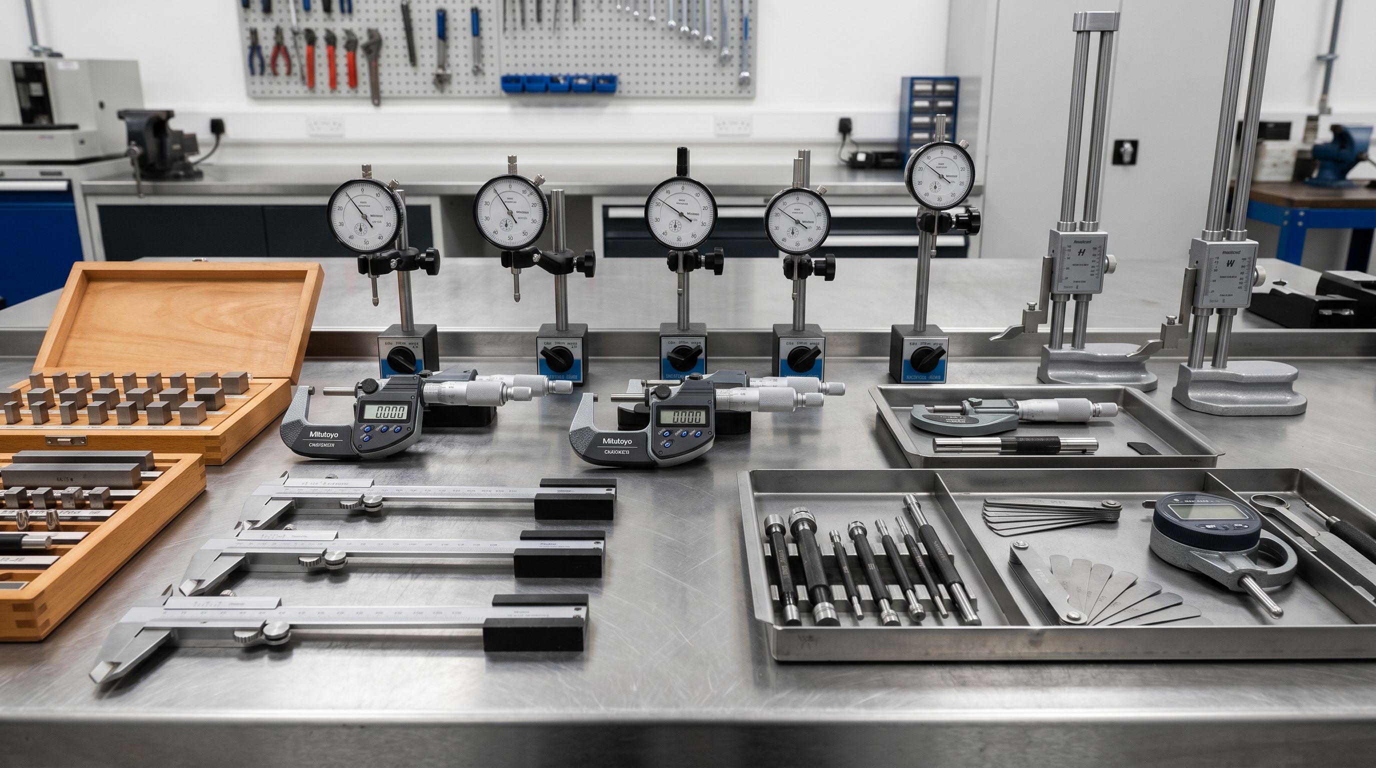 Industrial quality control workbench with precision dial gauges and measurement instruments arranged on a stainless steel surface