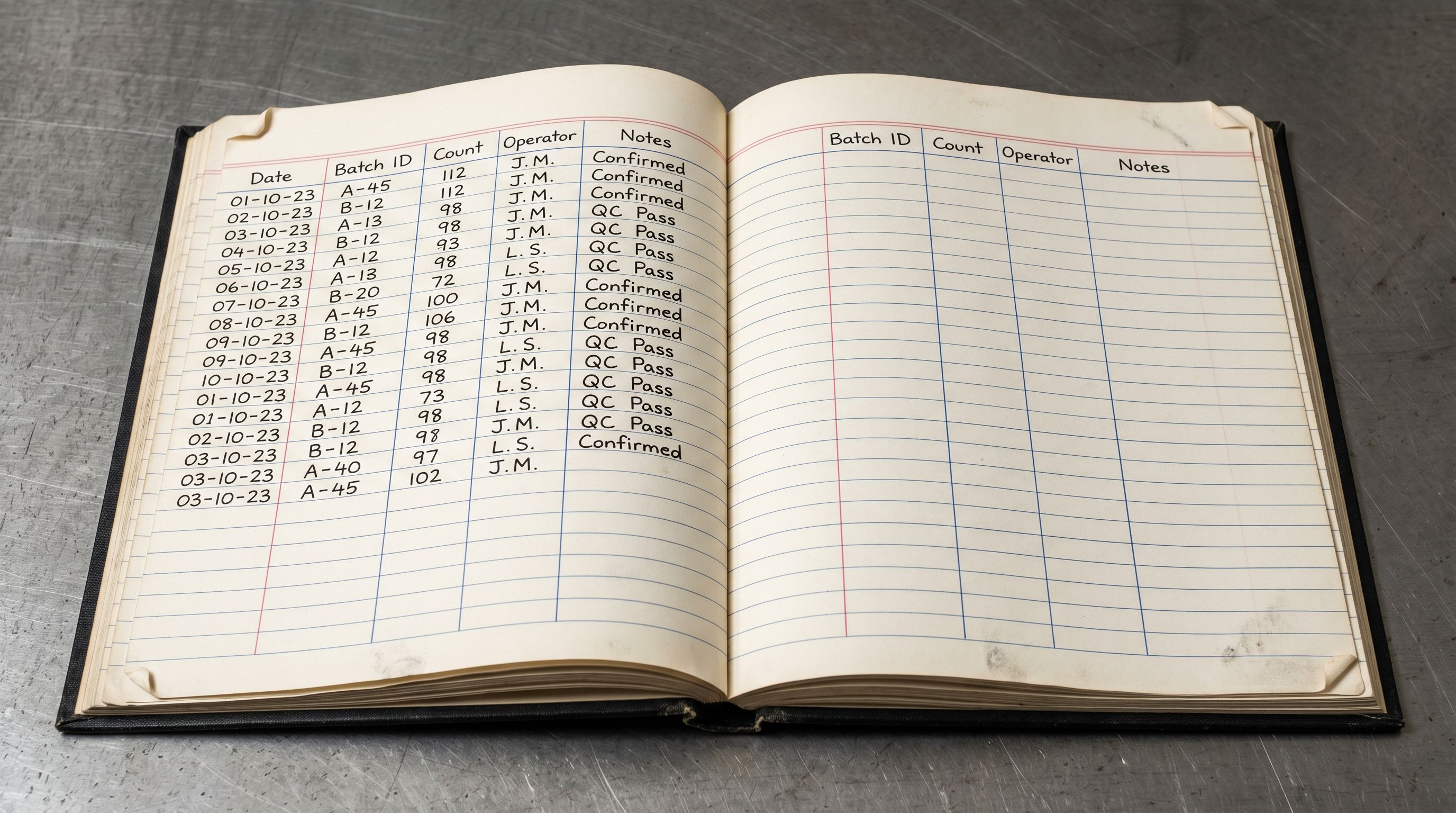 Open hardcover record log book on a steel surface with neat rows of dates and numeric counts in columns