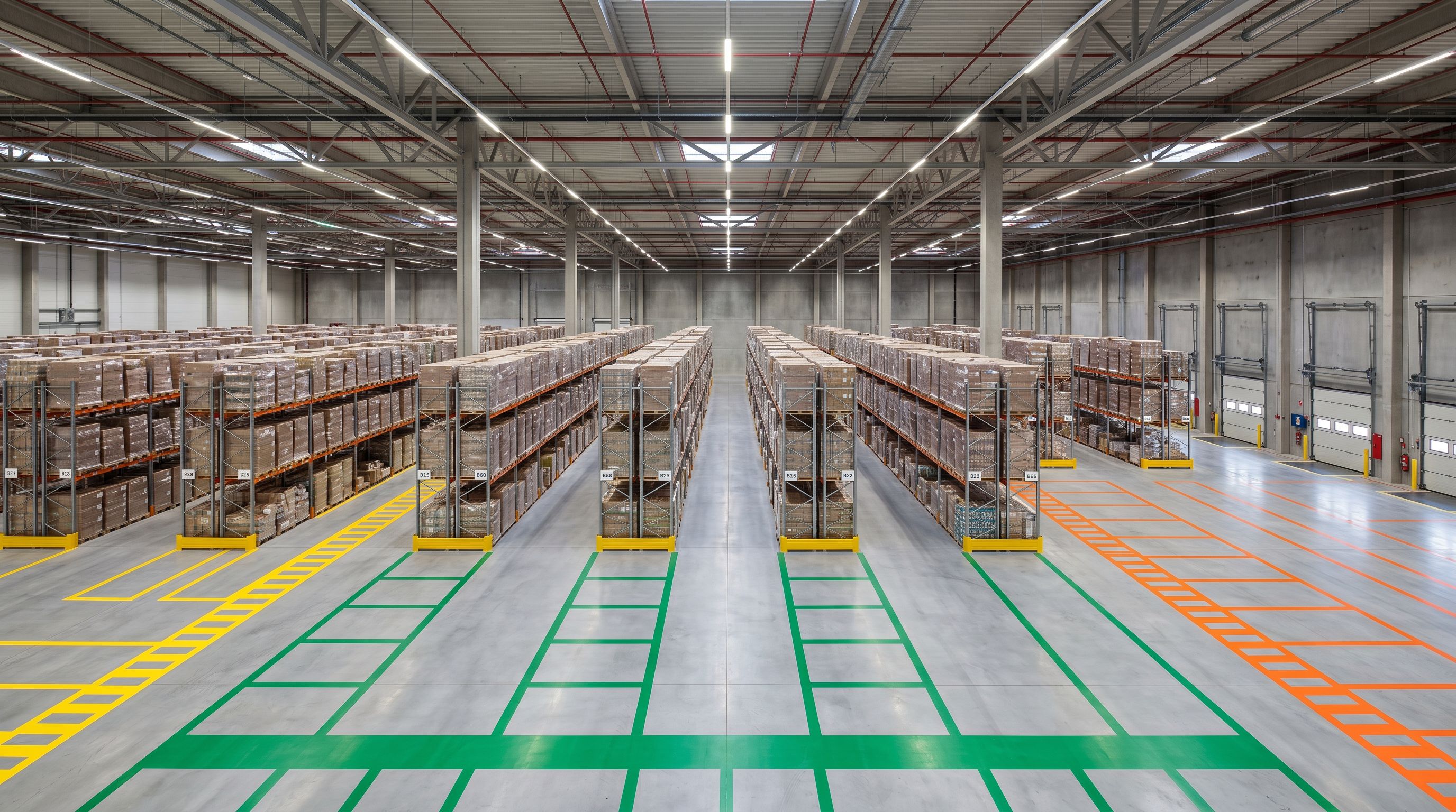 Large modern distribution warehouse interior with colour-coded floor zones and uniform pallet rows under gantry lighting