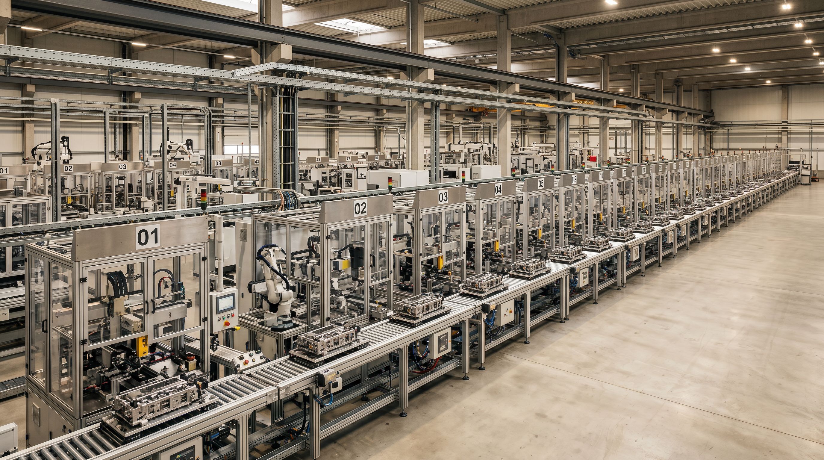 Automated production line with numbered inspection stations in sequence under even industrial overhead lighting