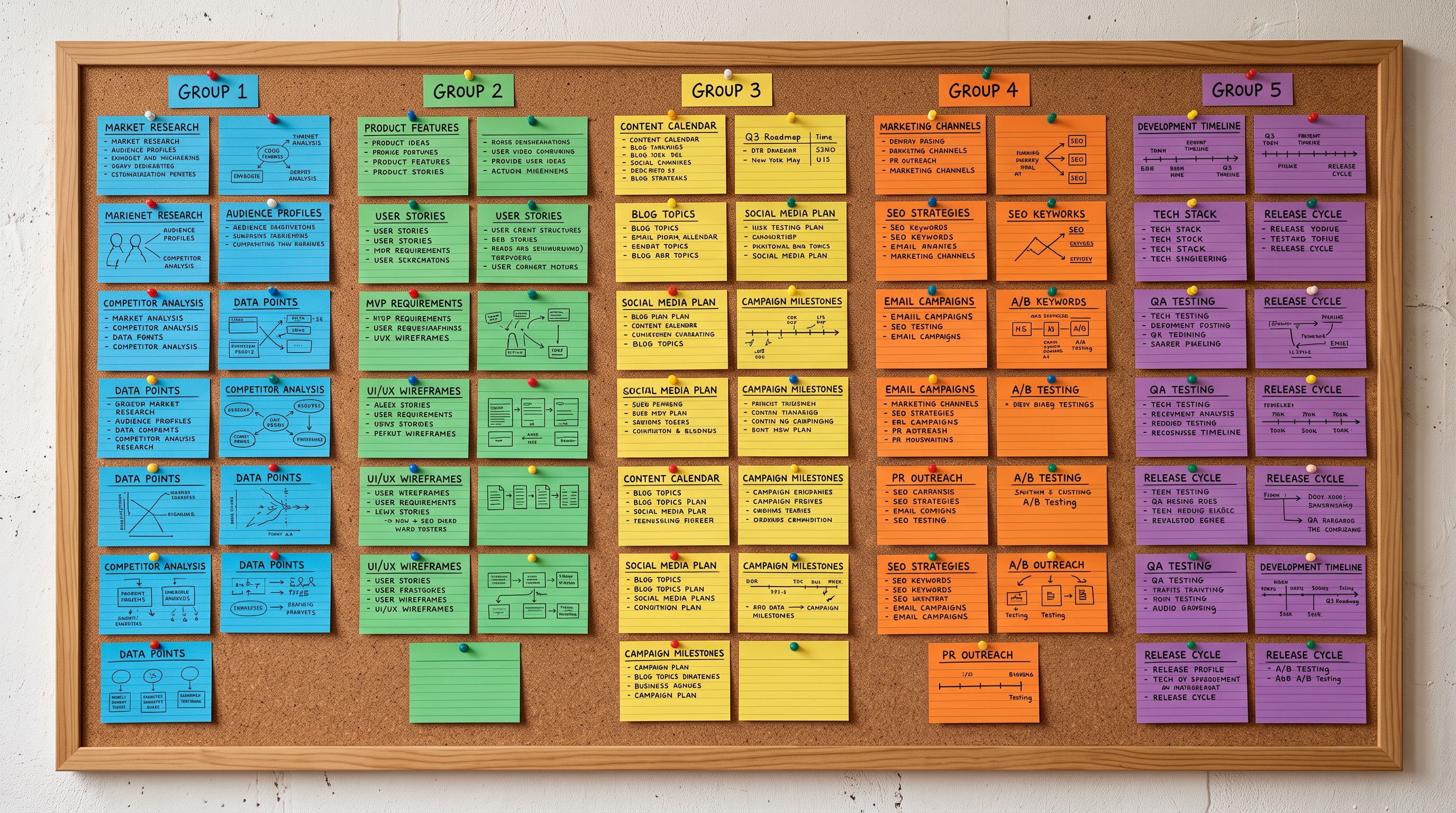 Rows of product cards pinned to a planning board with different coloured labels indicating different style categories applied to each product group.