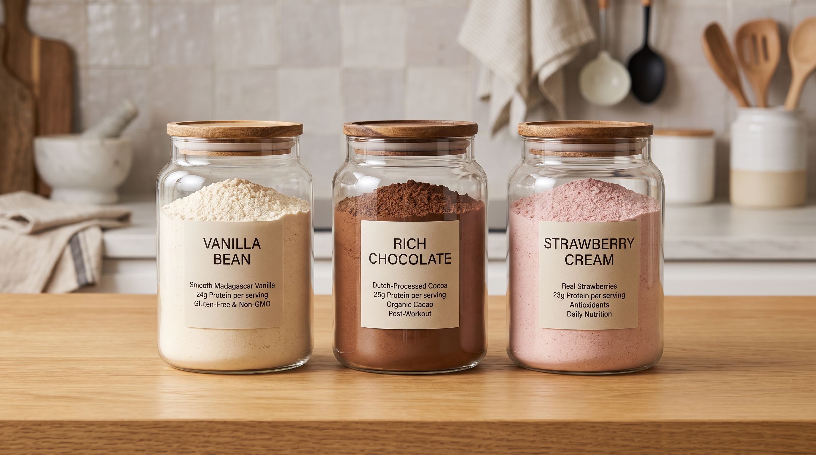 A glass jar of chocolate protein powder beside a vanilla pod and a plain unflavoured scoop, representing three distinct product variants on a kitchen bench.