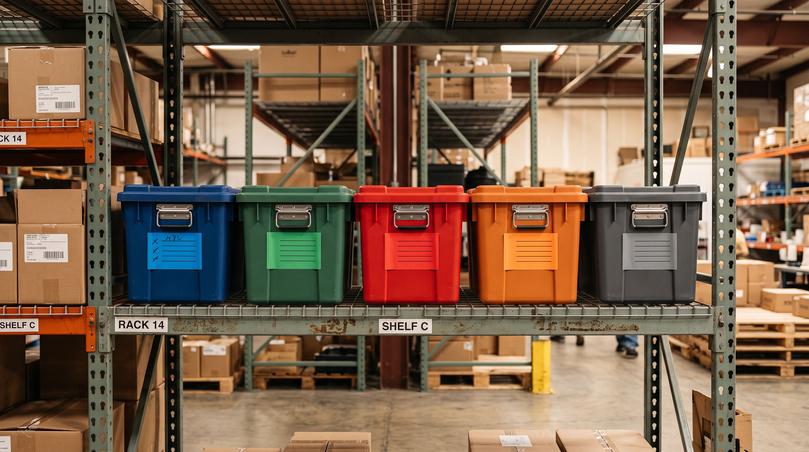 Five labelled product category boxes stacked on warehouse shelves each with a different coloured tag representing separate content strategies assigned per category.