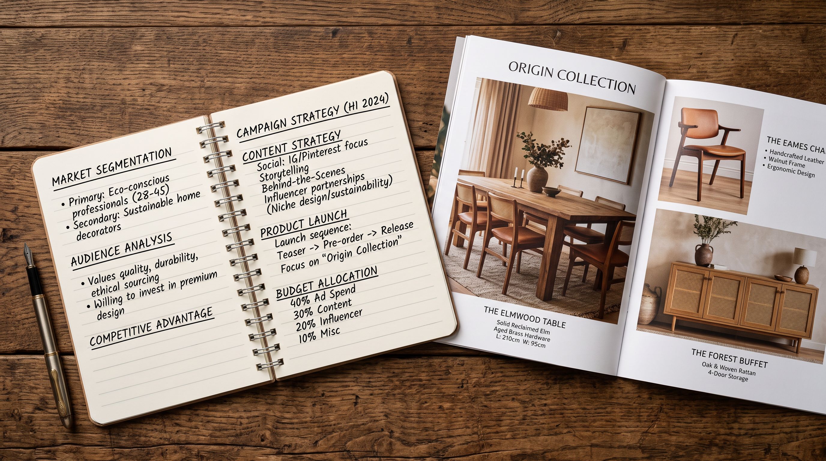 An open notebook with handwritten category labels and style notes beside a product catalogue spread on a desk representing a content plan for varied AI description generation.