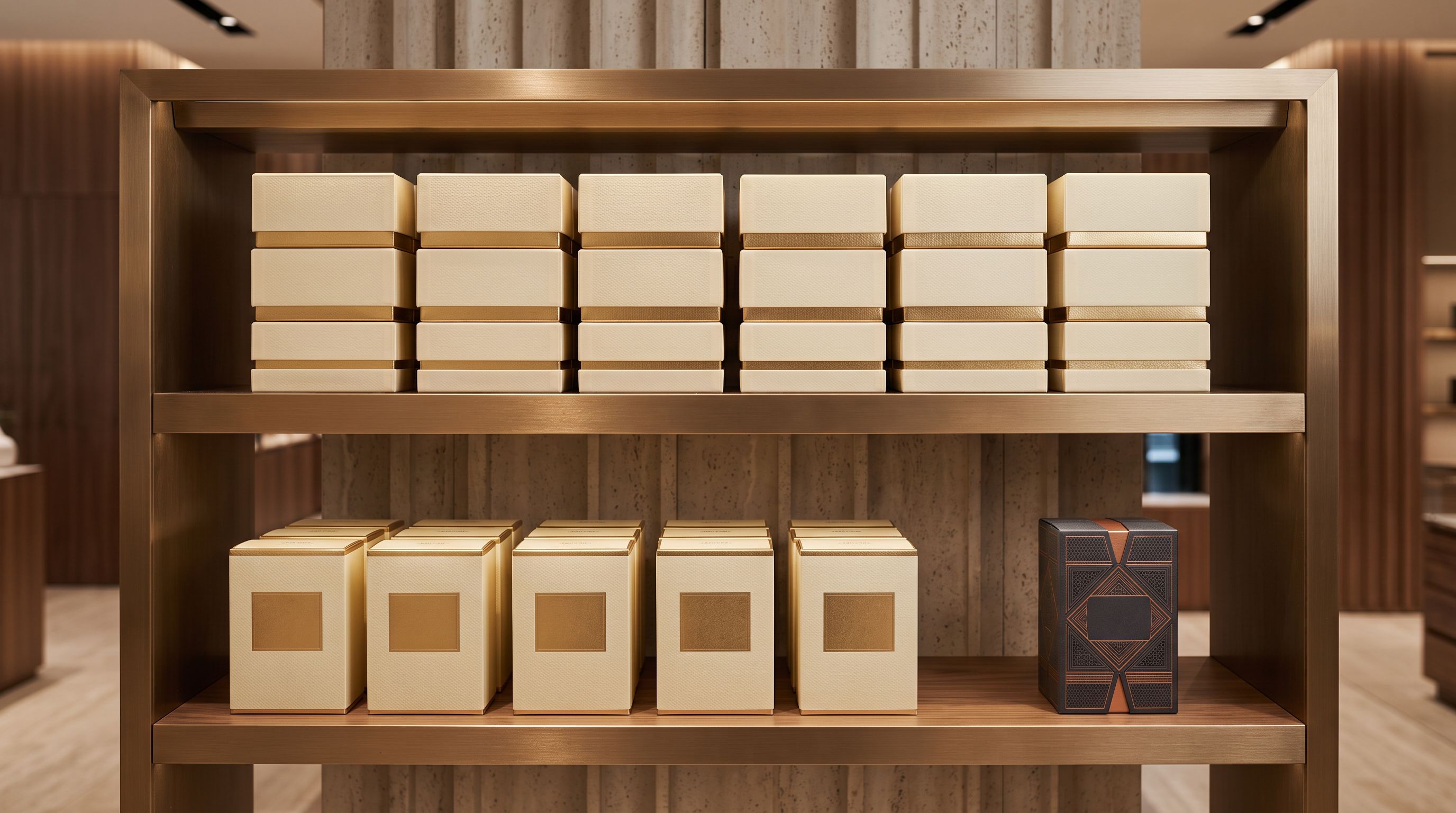 Rows of identical product cards displayed on a retail shelf beside a single card that stands apart with a distinctive colour scheme and label.