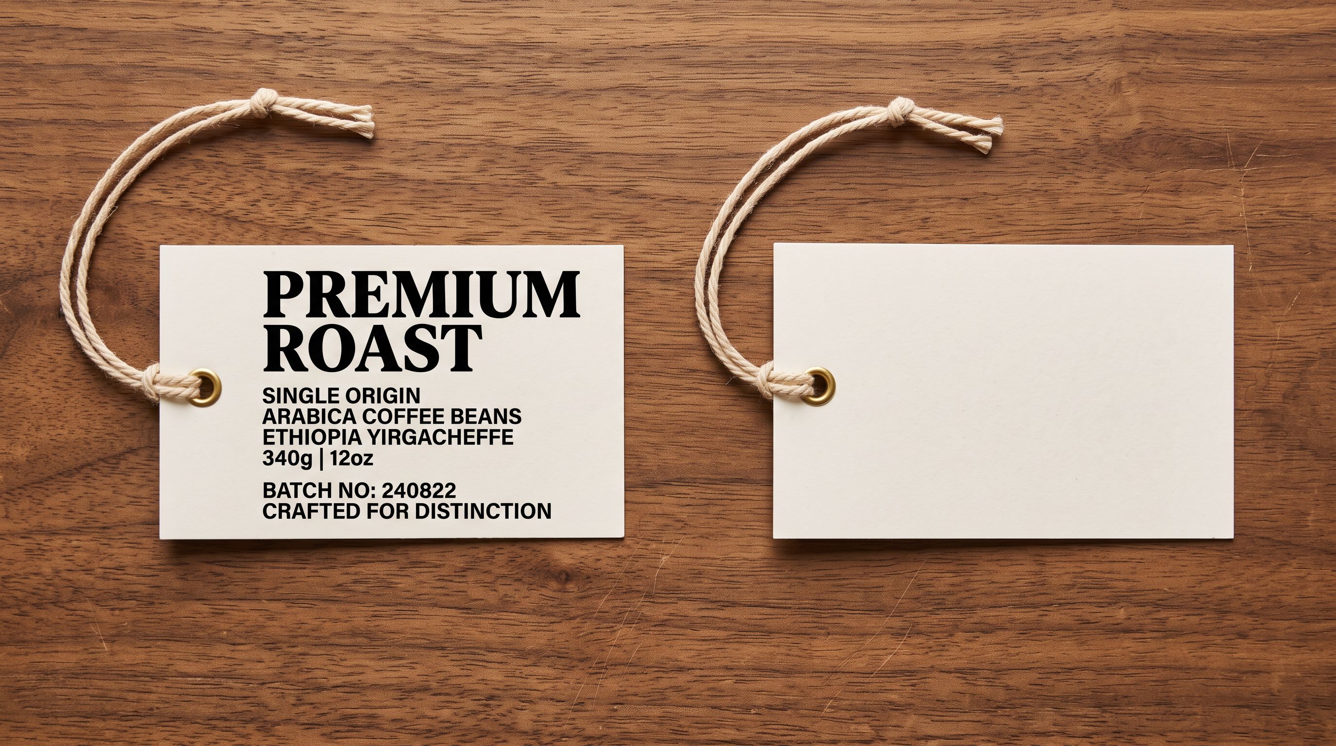 Two clearly separated product label tags on a wooden surface, one printed in bold and one left blank, representing brand identity separation in product content.