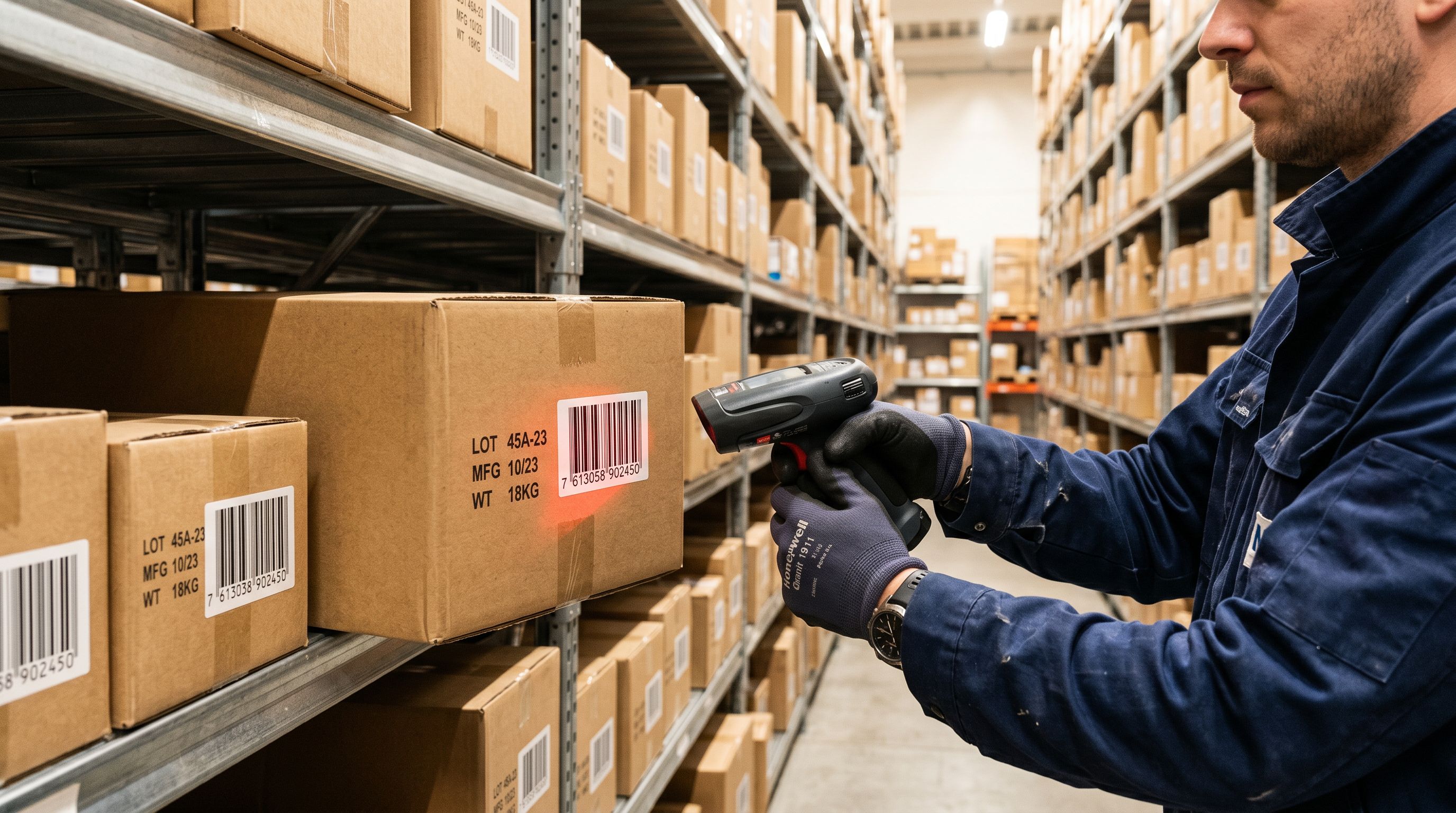 A barcode scanner reading an EAN barcode on product packaging in a warehouse with shelved boxes in the background.
