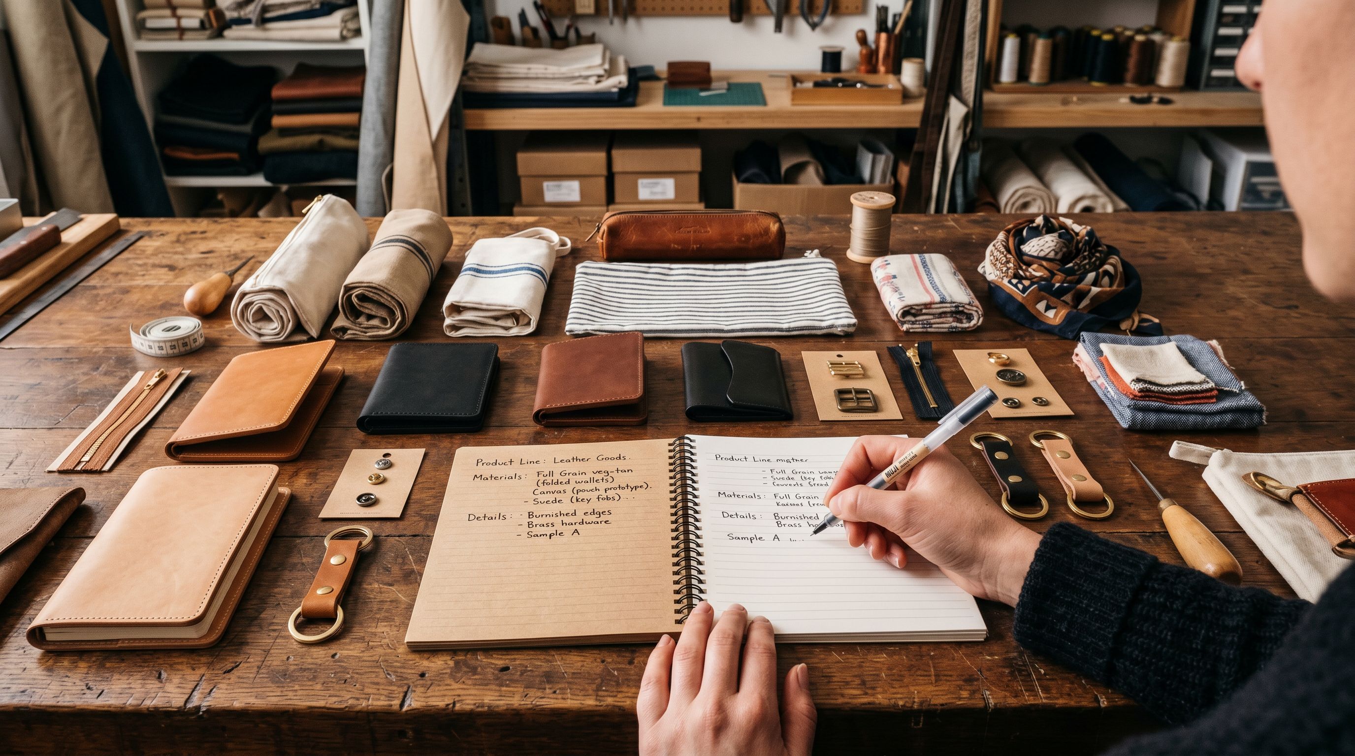 Hands writing product notes in a notebook at a workbench surrounded by wholesale leather and fabric product samples.
