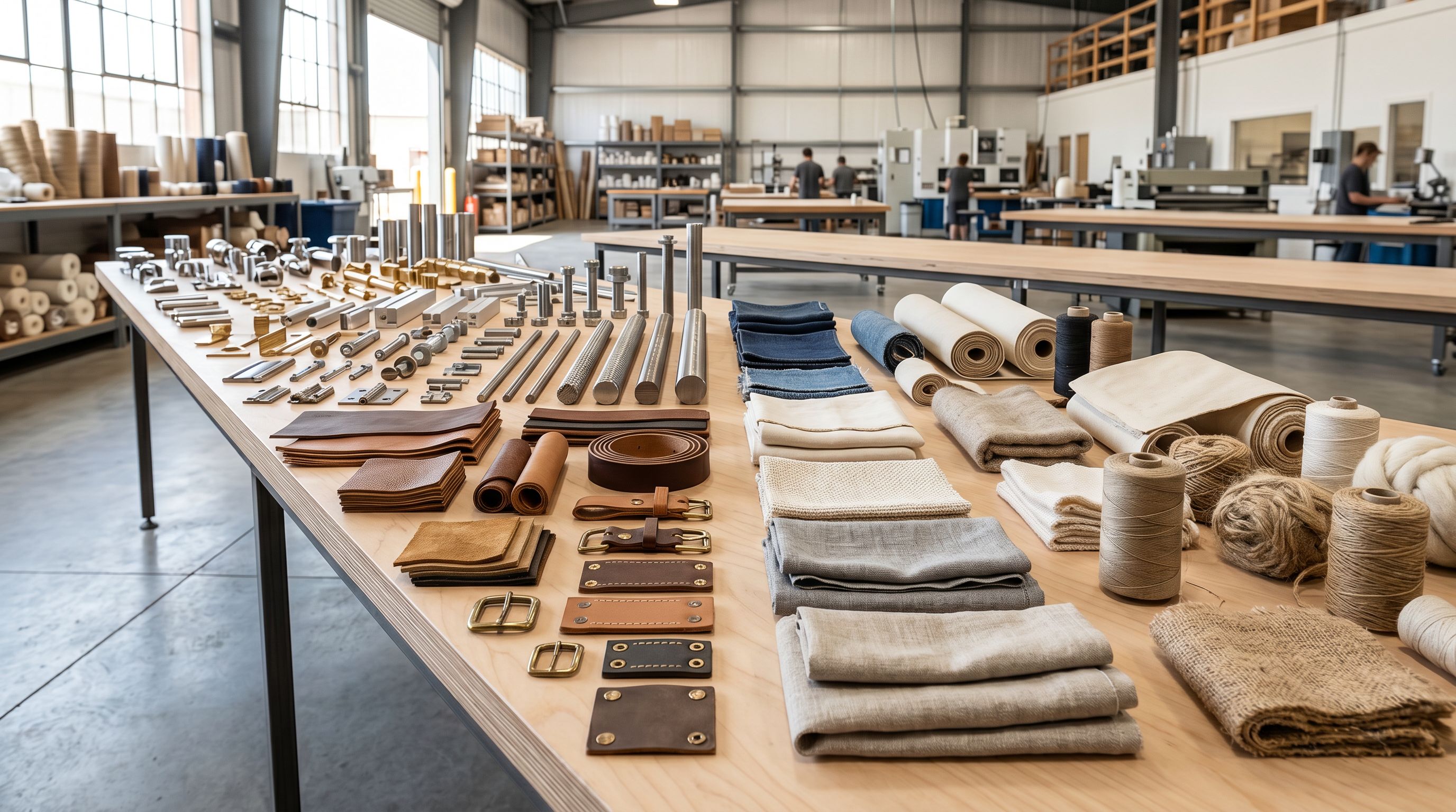 Rows of unpackaged wholesale product samples in neutral tones on a factory showroom table organised by category.