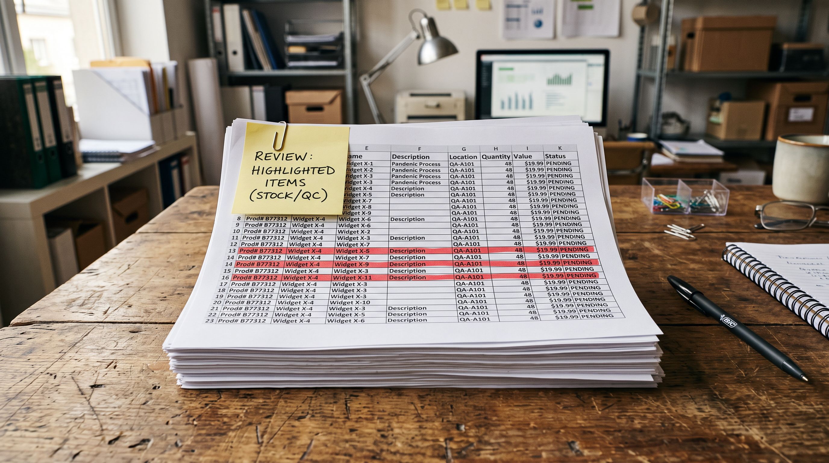 Stacked printed spreadsheet pages on a sorting table with product data rows marked in red and a yellow sticky note.