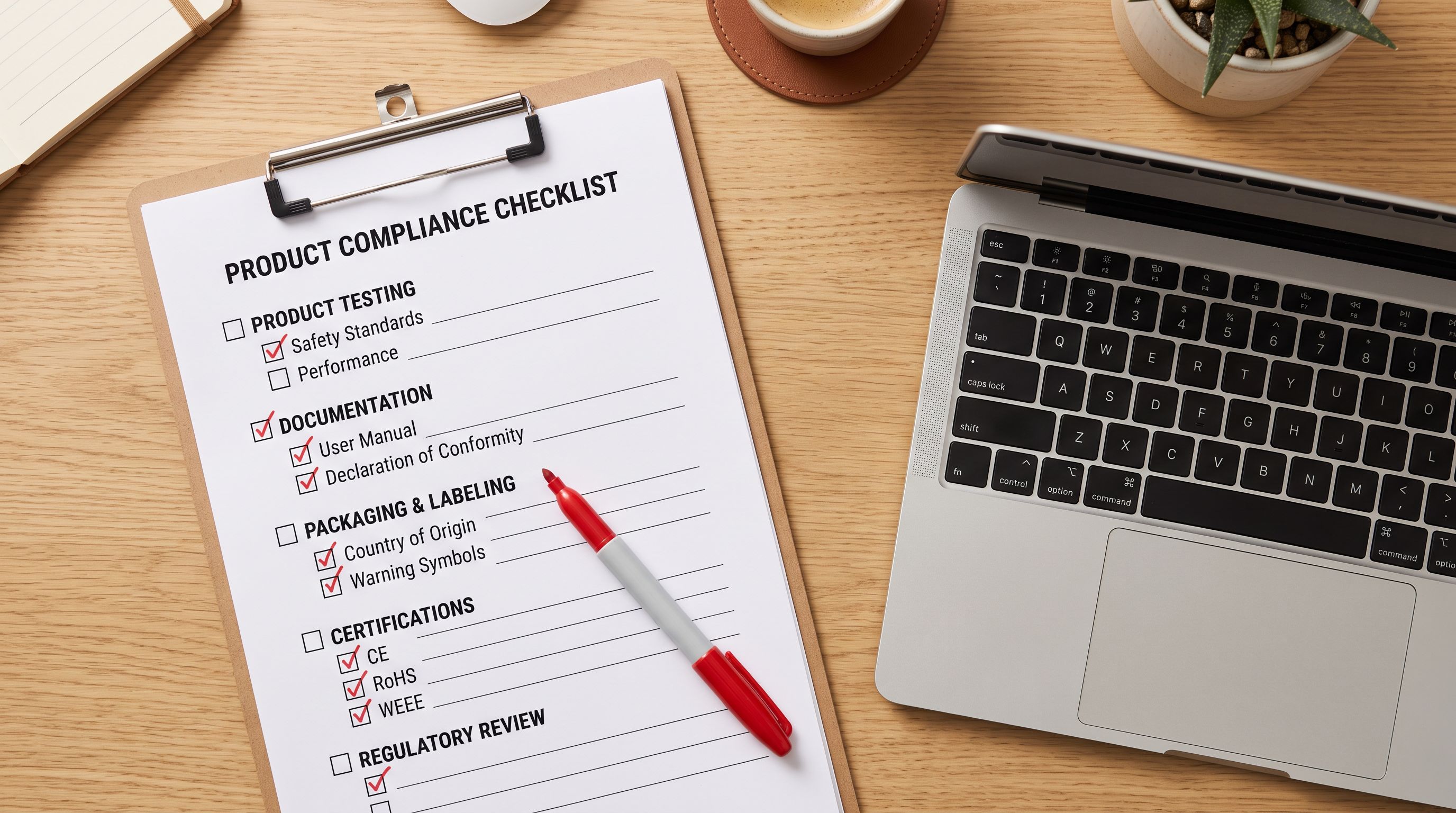 Product compliance checklist on a clipboard beside a laptop keyboard with a red marker pen lying across it.