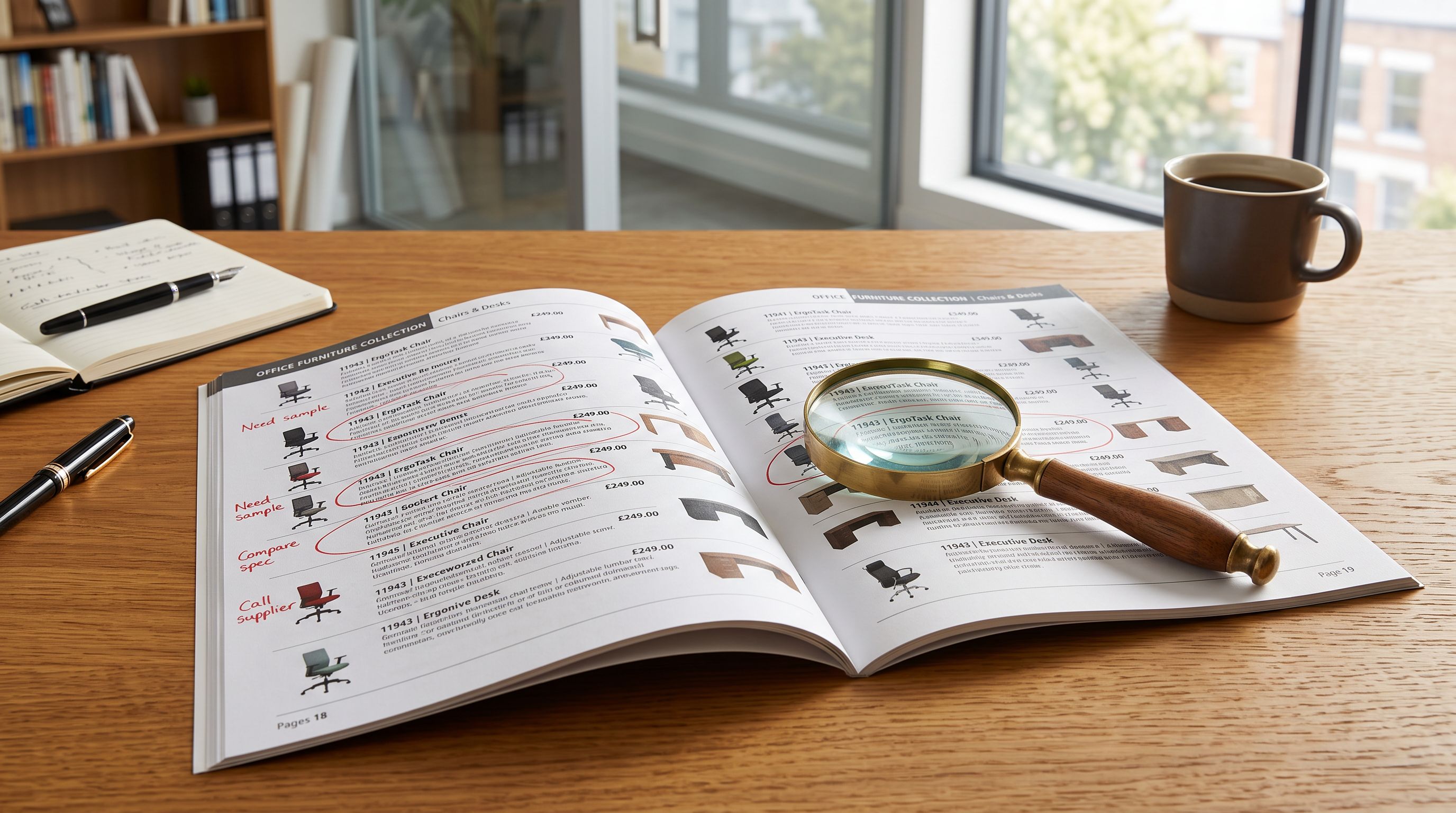 Magnifying glass resting on a printed product catalogue open to a page with itemised listings and circled entries.