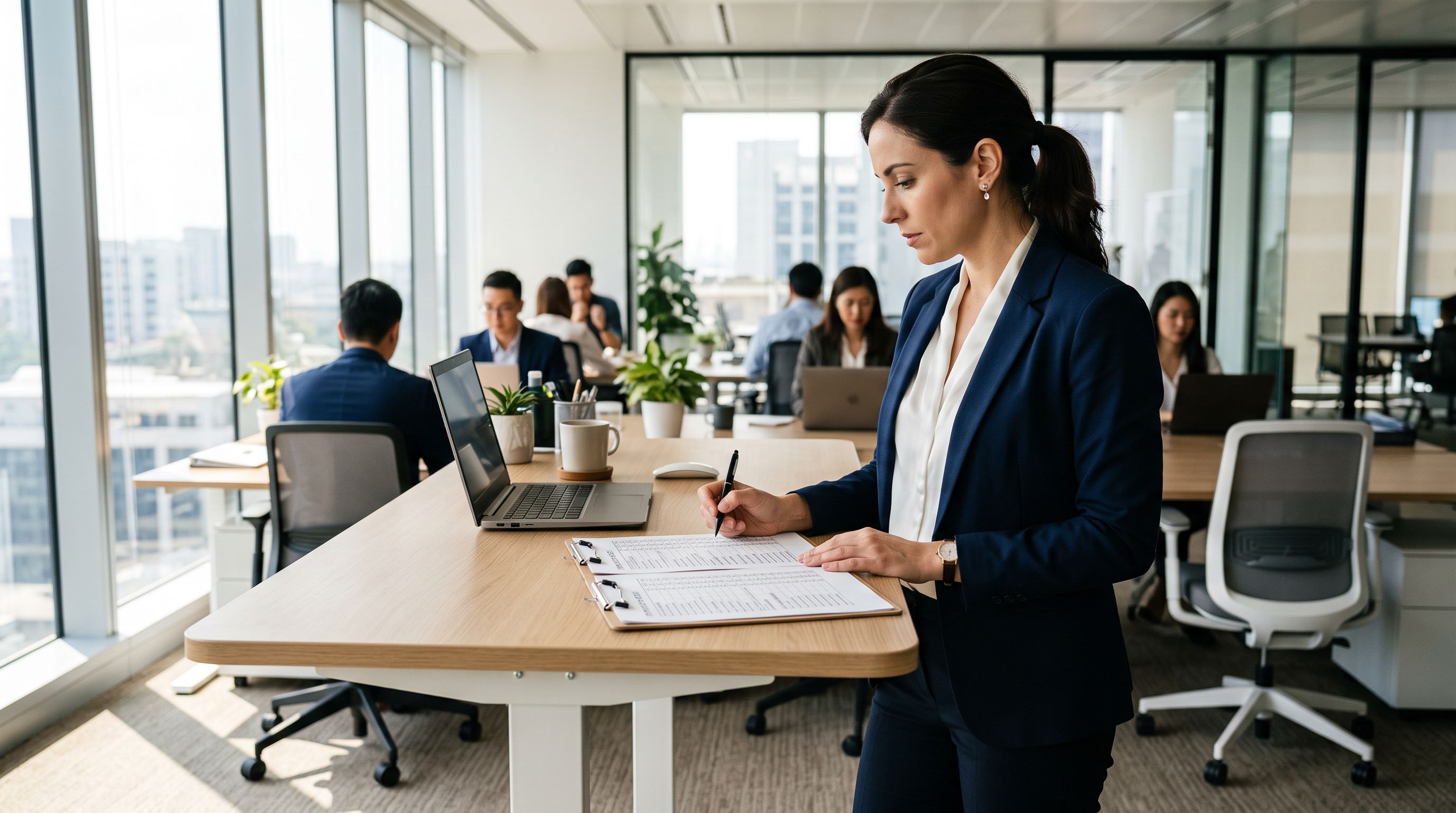 Merchant reviewing a printed configuration checklist at a standing desk with pen poised over the checkbox column.