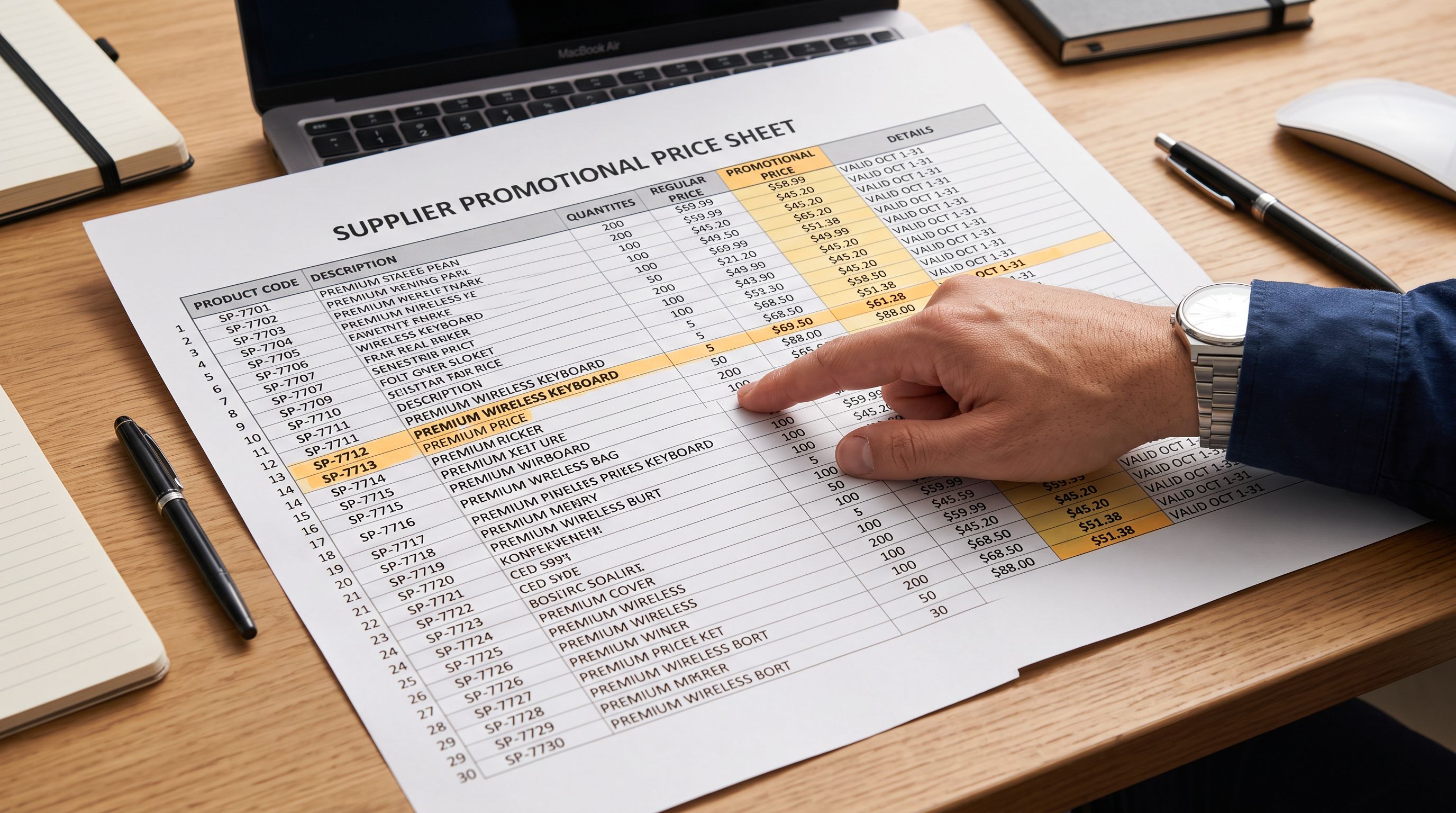 Printed supplier price sheet on a work desk with highlighted promotional pricing rows and a hand pointing at one entry.