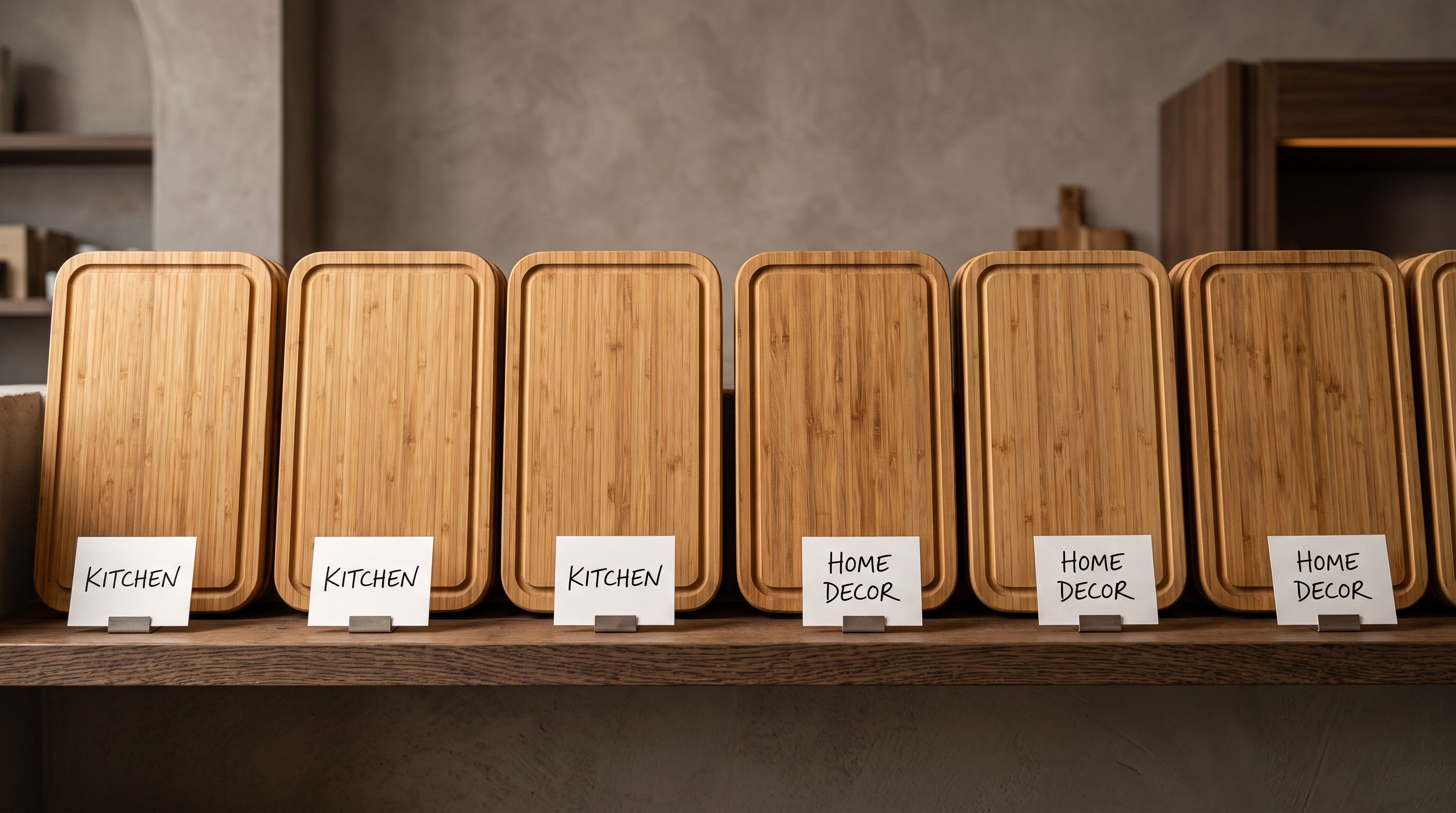Bamboo serving boards on a retail shelf with kitchen and home decor category labels illustrating mixed keyword attribution.