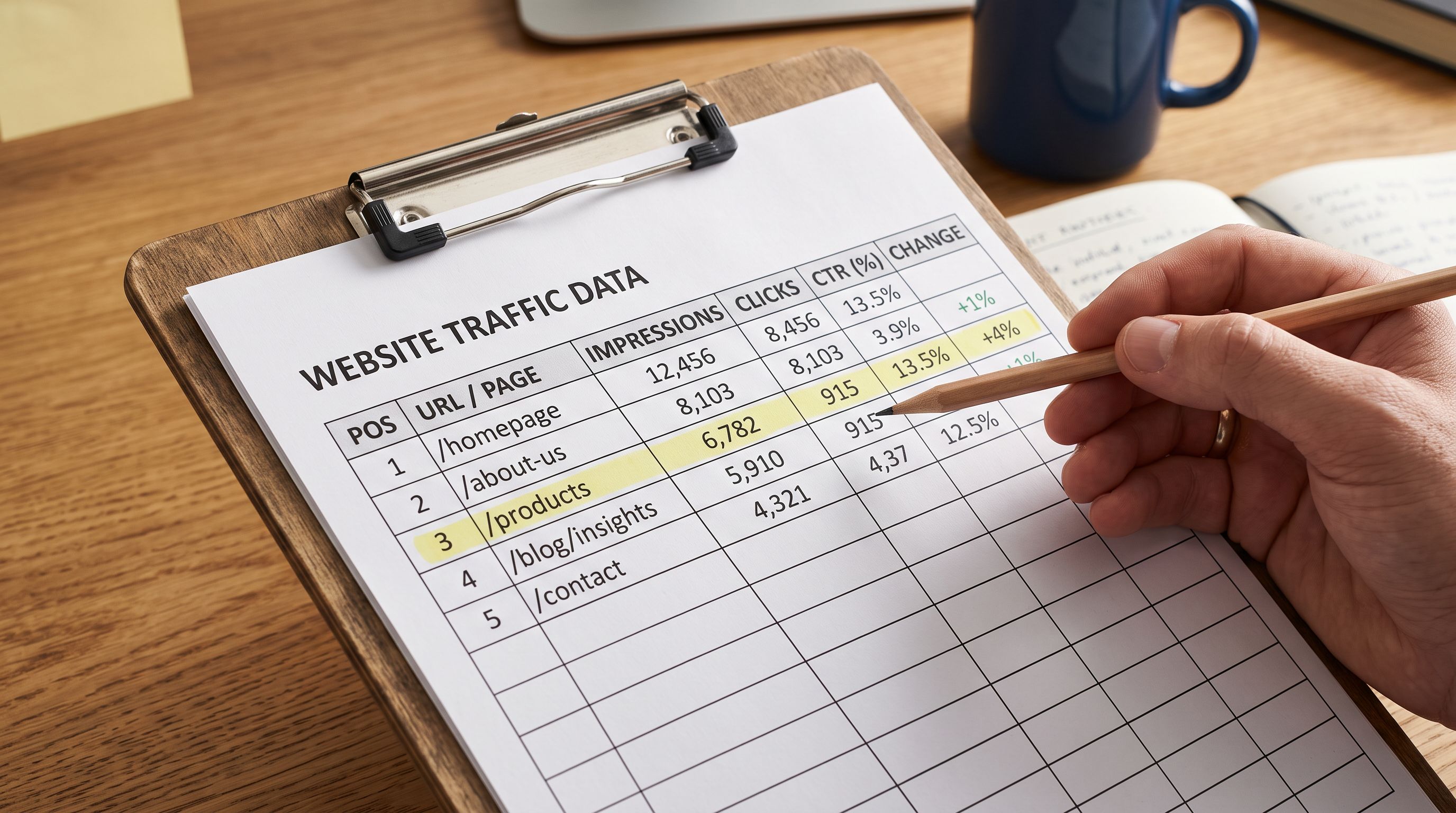 Printed spreadsheet on a clipboard showing website traffic data with keyword impressions highlighted by a pencil.