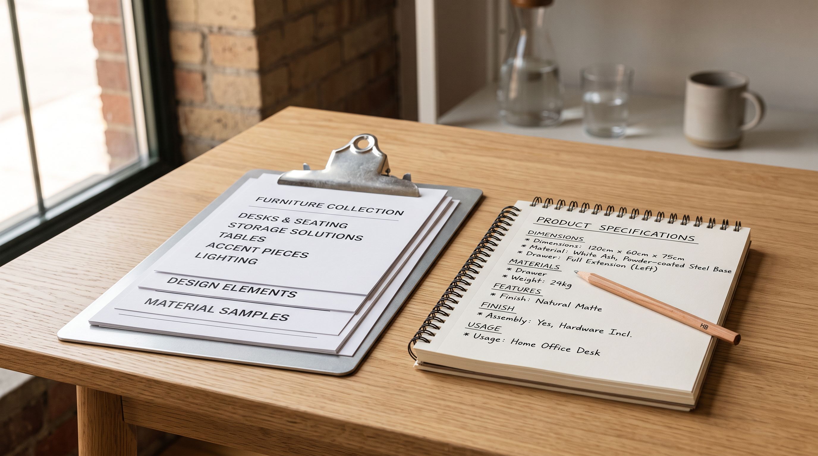 Notepad with handwritten product specification notes next to category label cards on a white table.