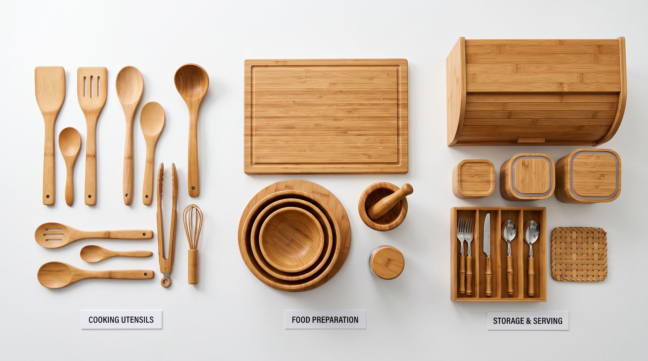 Three groups of bamboo kitchen products on a white surface each separated by a product category label card.