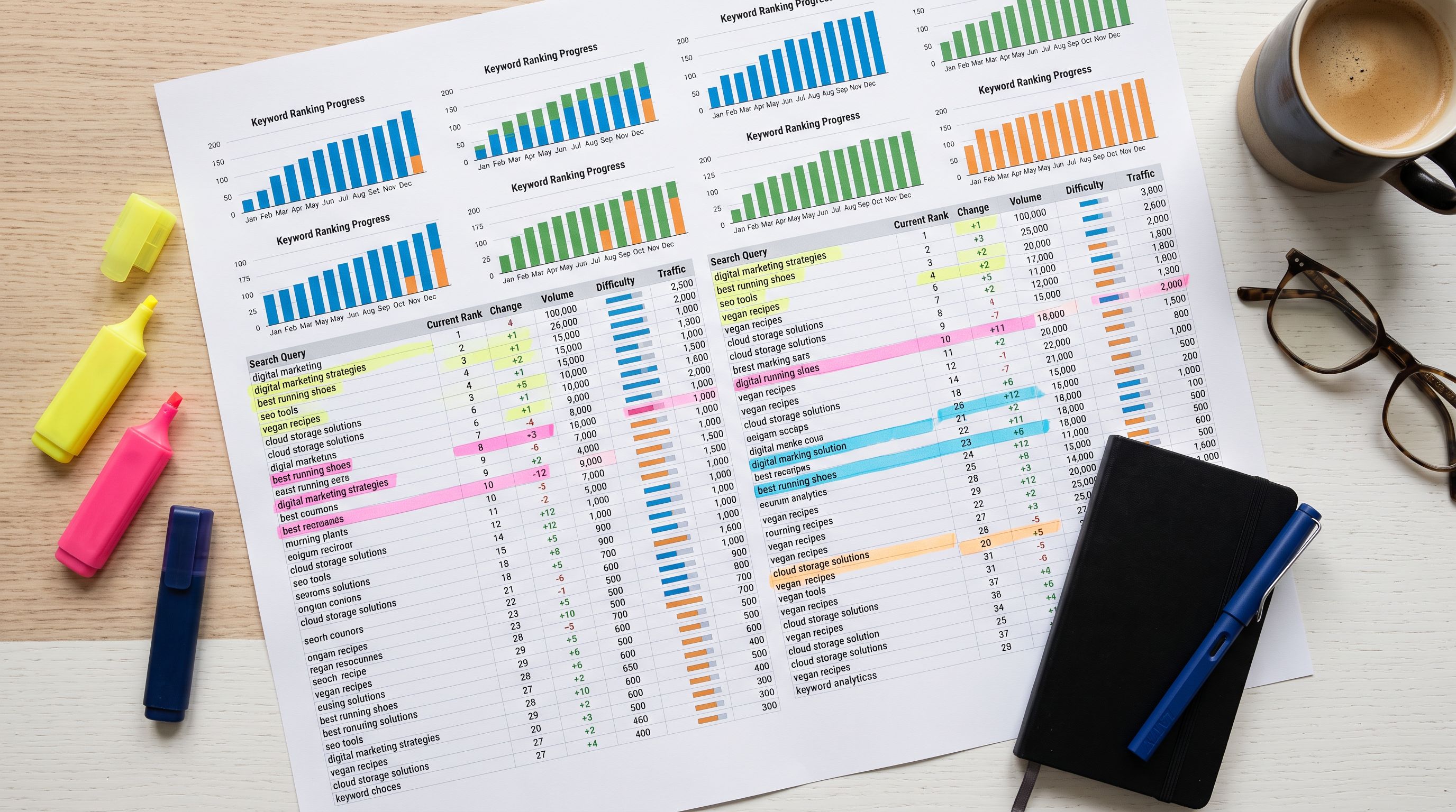 Printed analytics report on a white desk with keyword ranking graphs and search query columns highlighted by coloured markers.