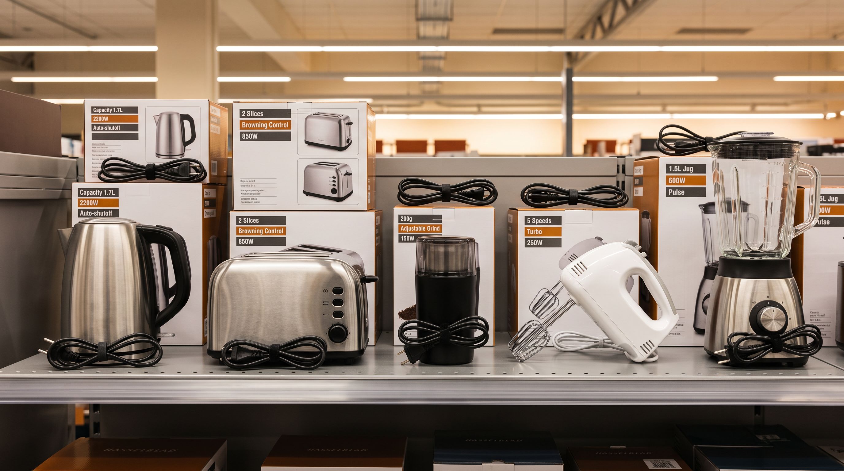 Row of small electrical kitchen appliances on a retail shelf with power cords coiled and specification panels visible.