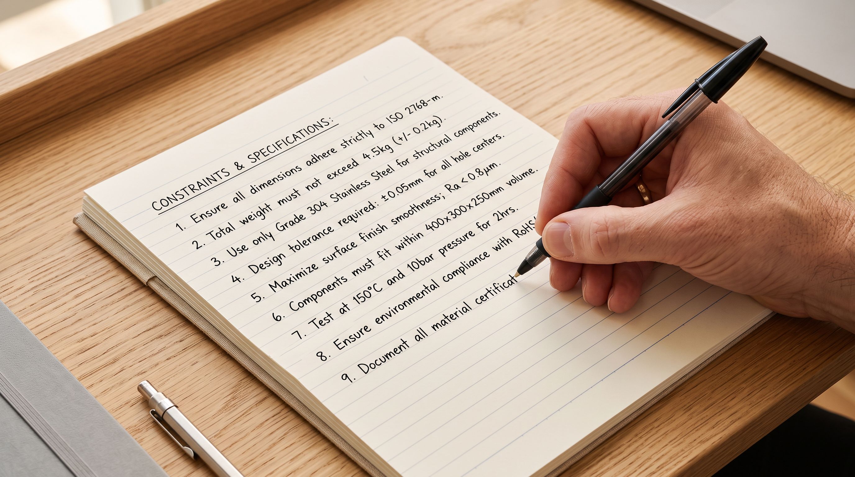 Close-up of a hand writing constraint notes with a ballpoint pen in a ruled notebook on a clean desk.