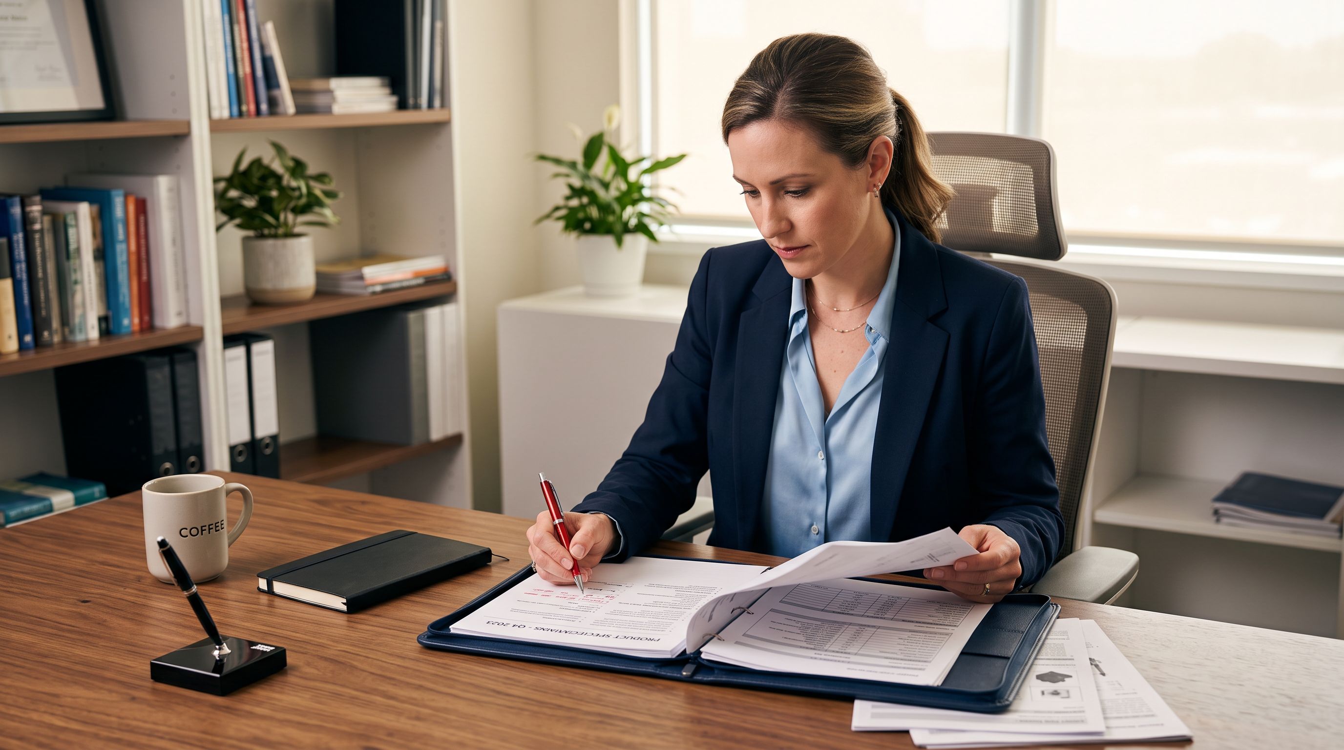 Business reviewer reading printed product specification documents in a folder with a red pen ready for corrections.