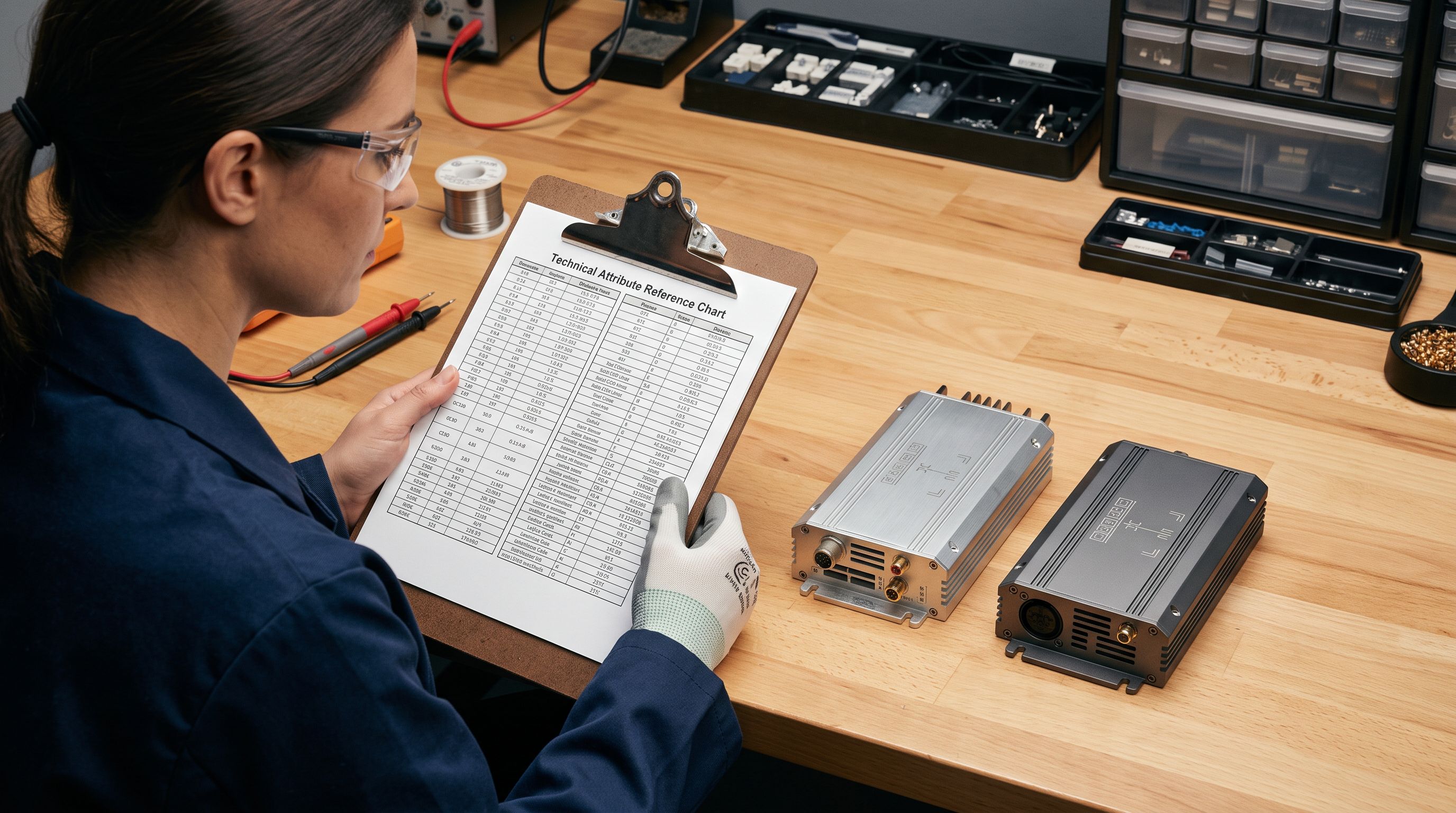 Technician consulting a printed technical attribute reference chart alongside product samples on a workbench.