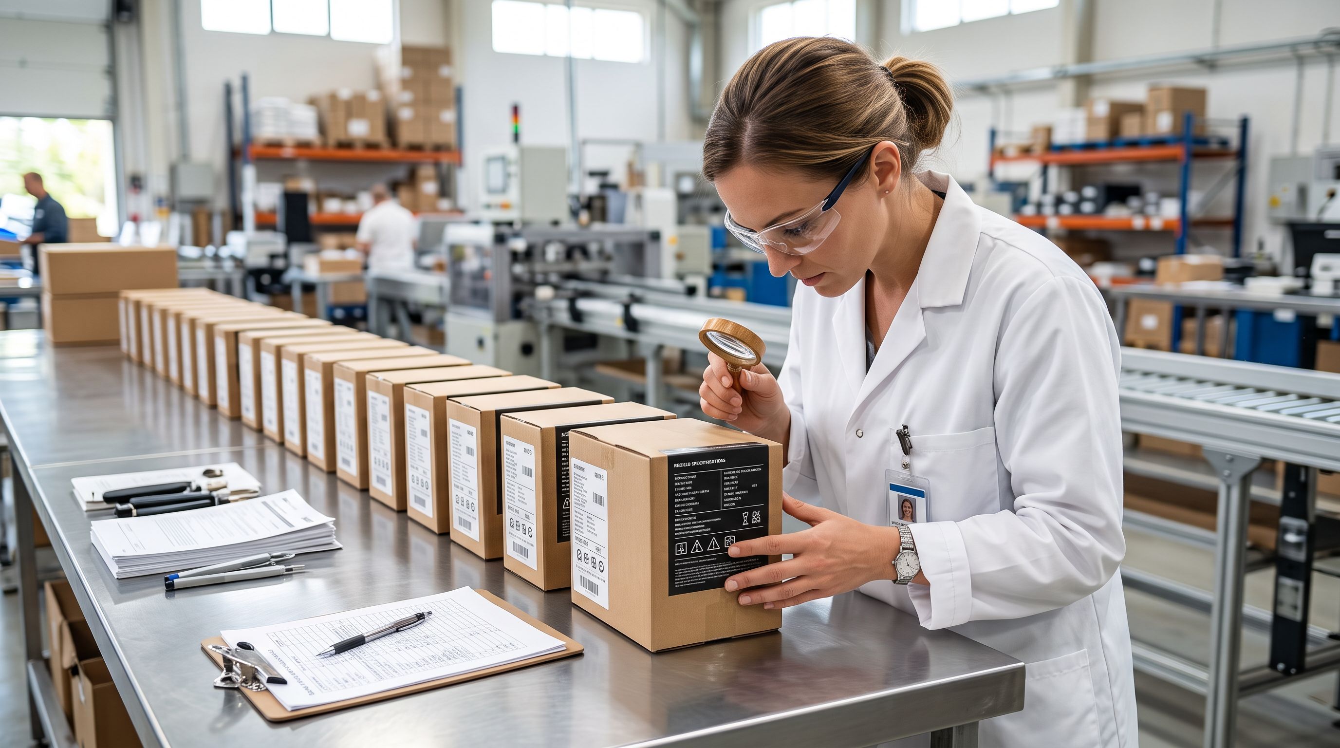 Quality inspector examining product specification labels on boxes arranged on an inspection table in a warehouse.