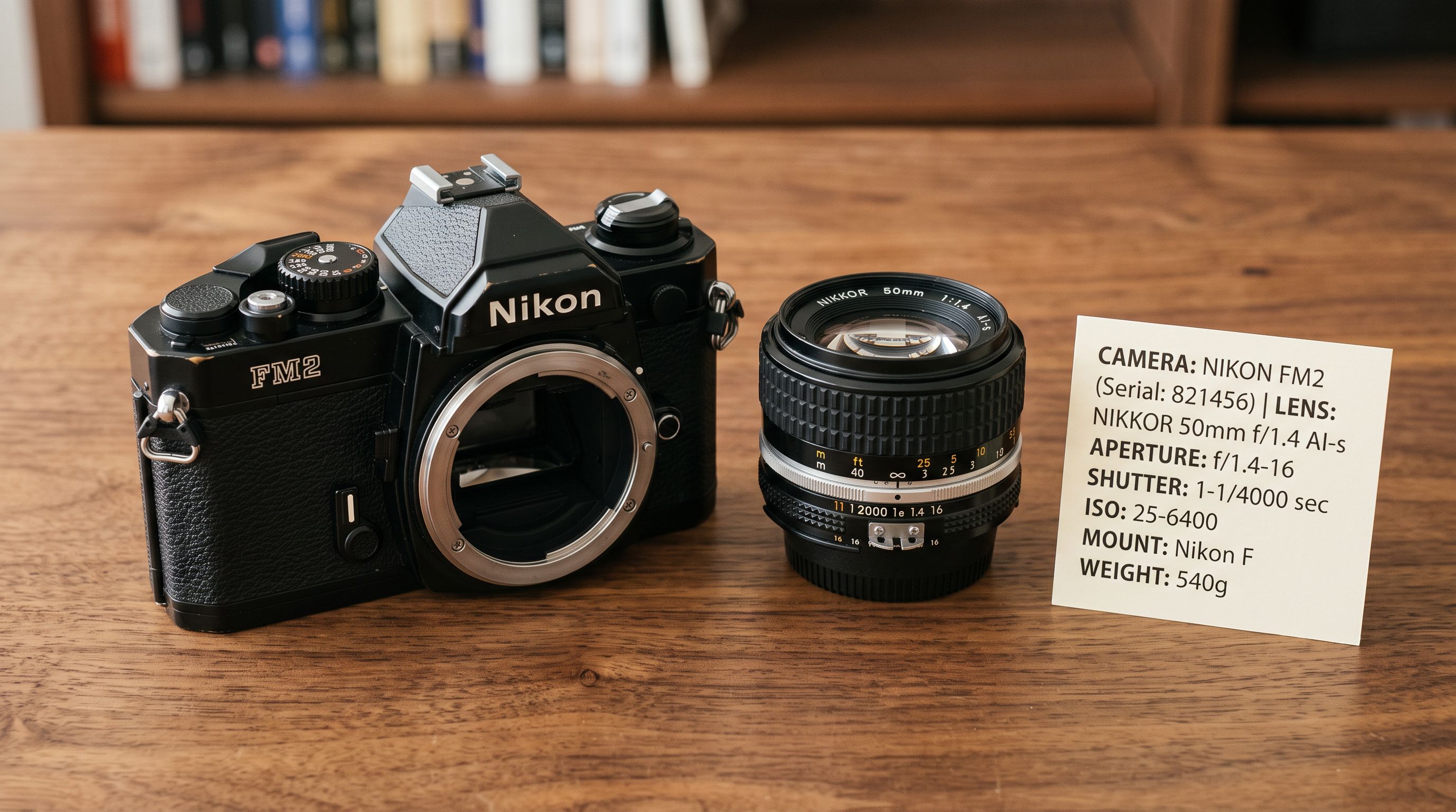Vintage 35mm film SLR camera body with detached prime lens on a wooden surface beside a printed specification card