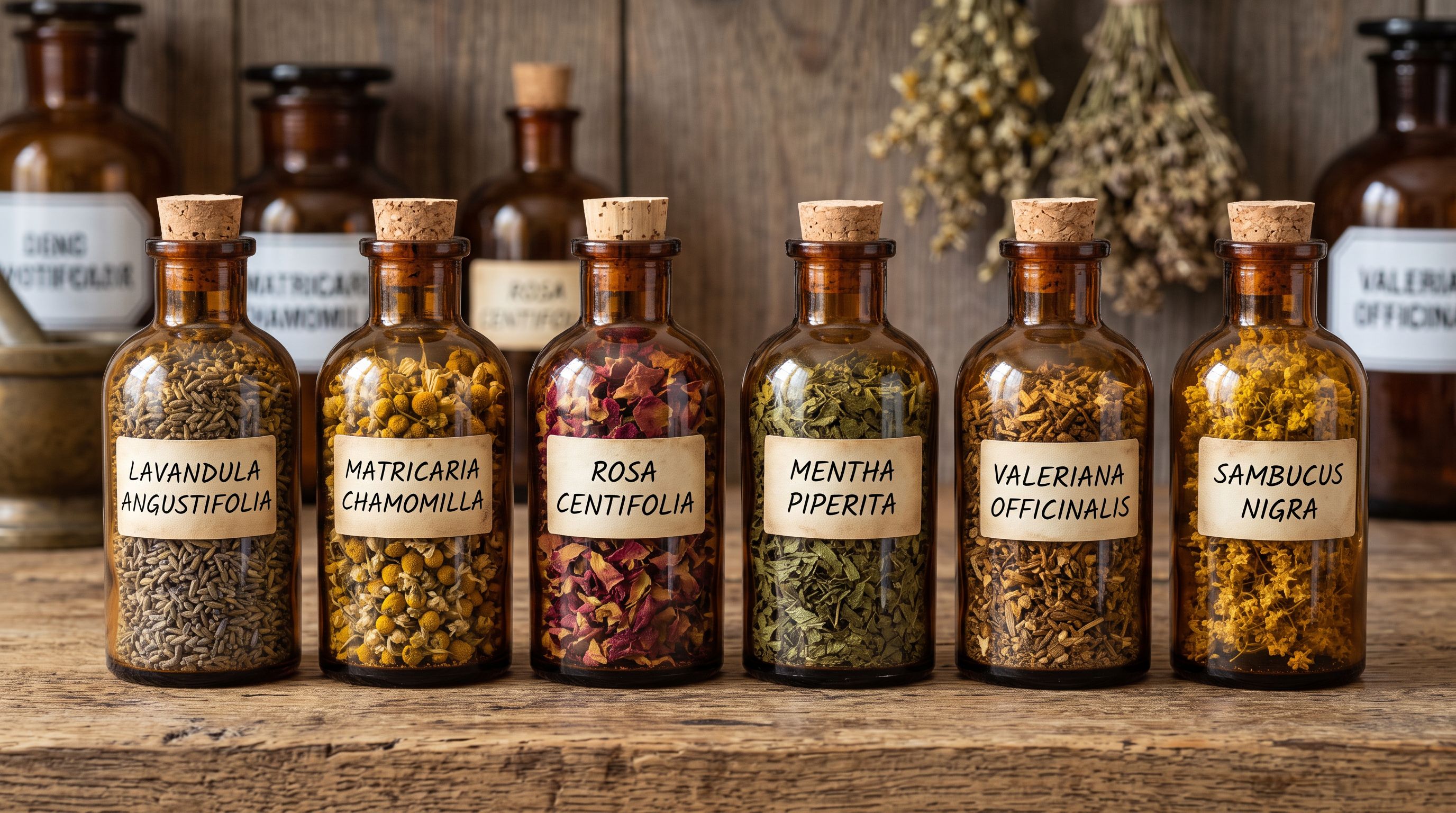 Row of amber glass apothecary bottles containing dried botanical herbs on a wooden pharmacy shelf with handwritten labels