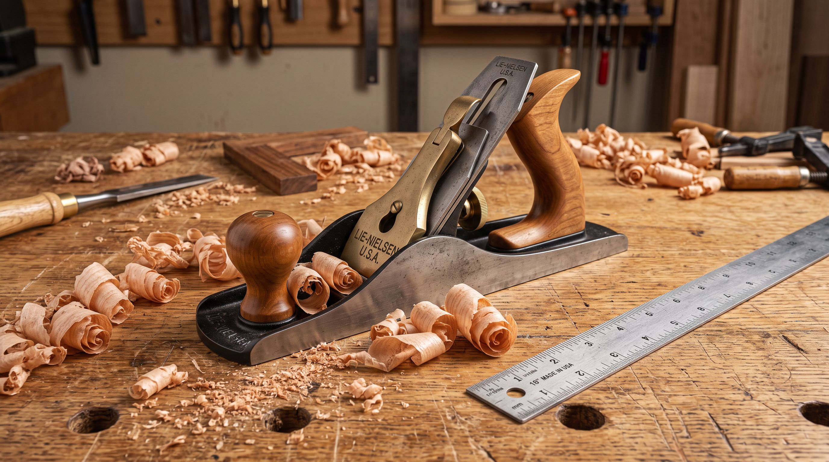 Cast iron hand plane woodworking tool on a wooden workbench surrounded by wood shavings and a steel ruler