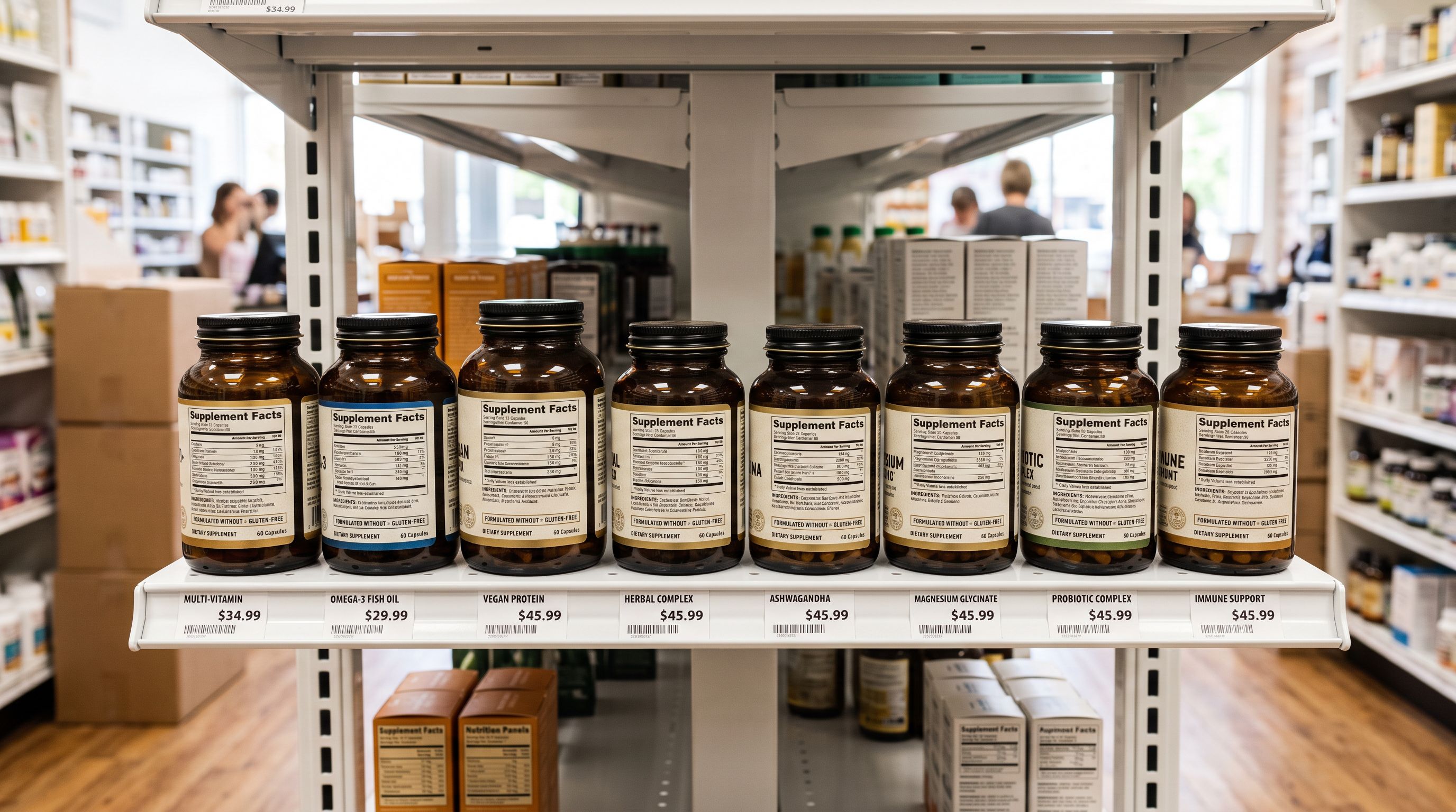 Row of premium supplement containers with nutrition panels on white pharmacy retail shelving