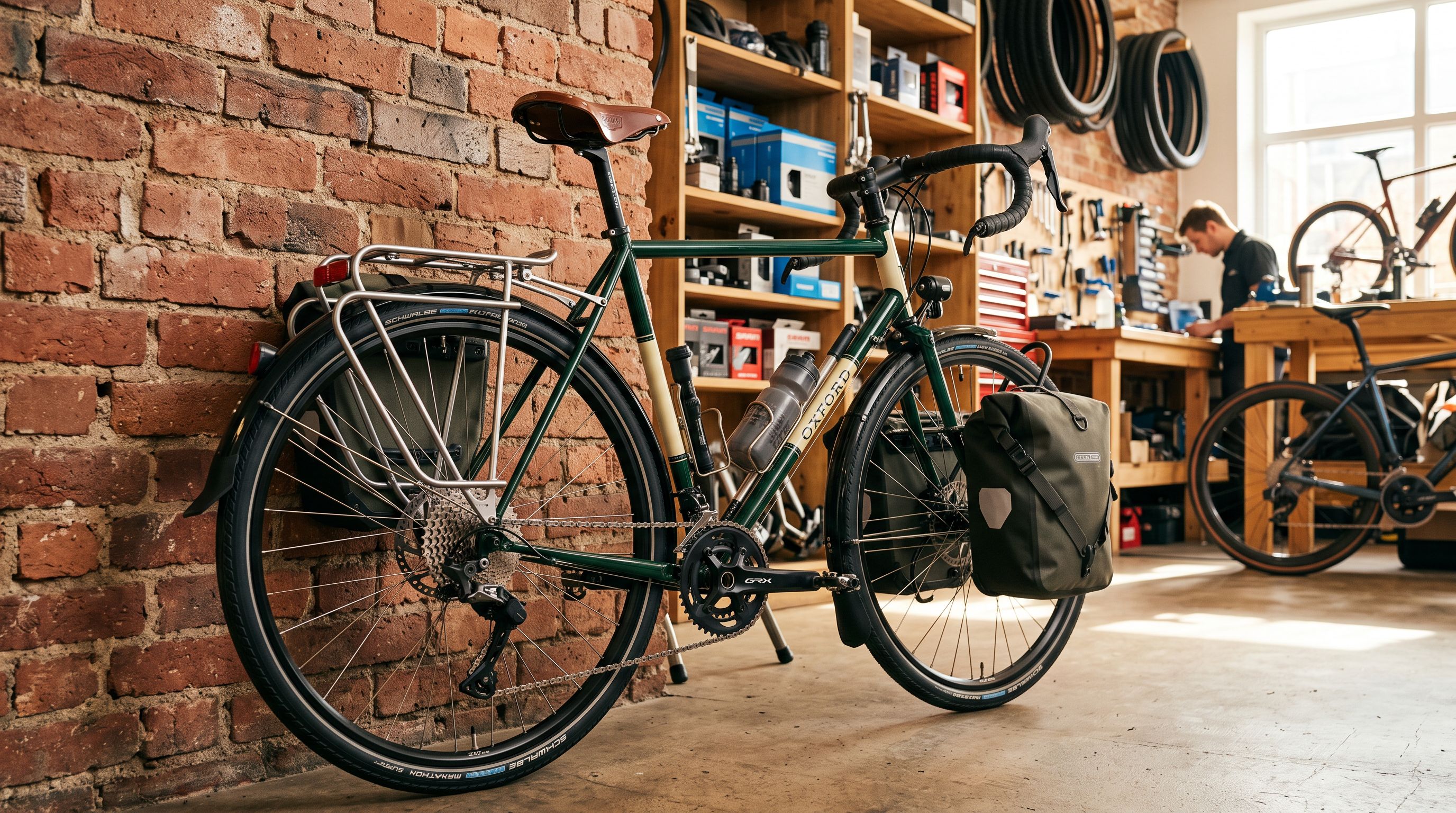 High-end touring bicycle leaning against a brick wall in a specialist cycling shop with groupset components visible