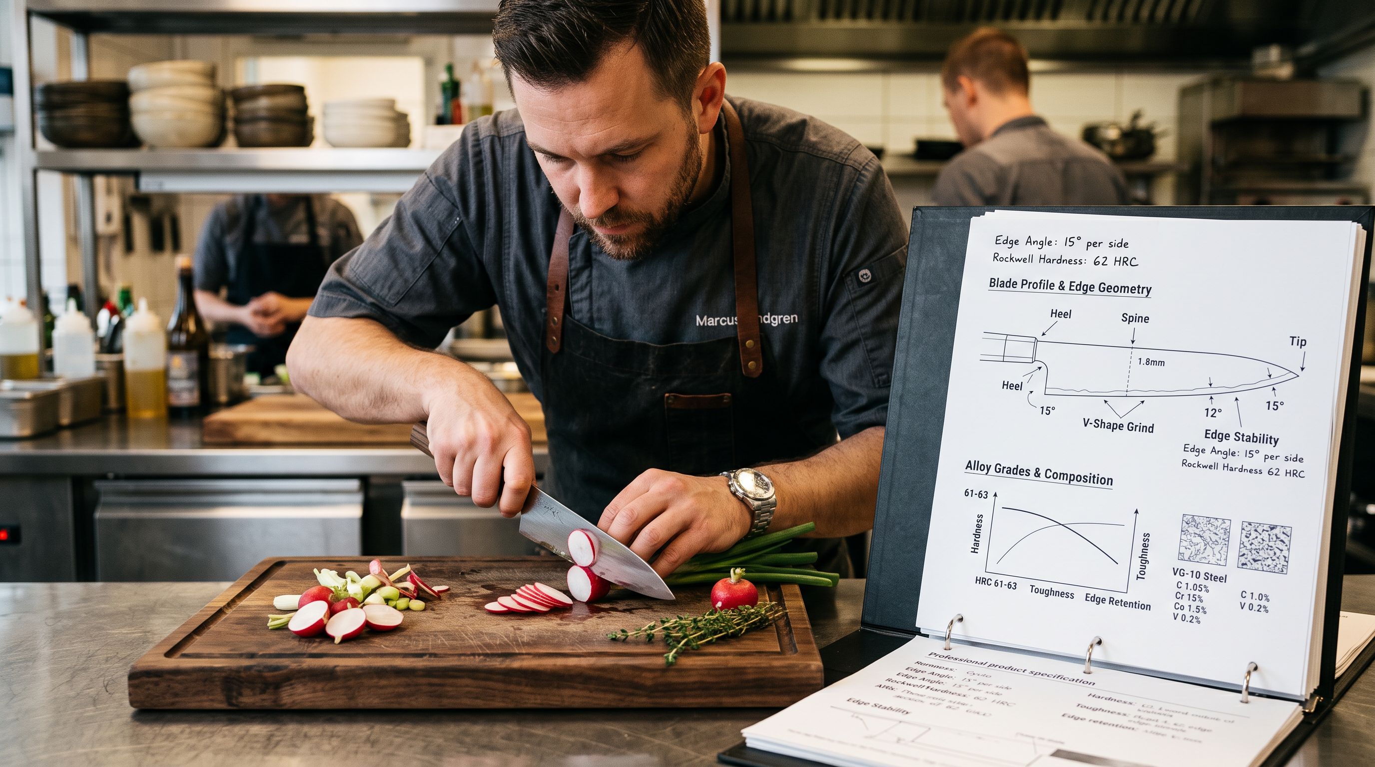 Professional chef sharply trimming vegetables on a wooden board beside an open product specification binder
