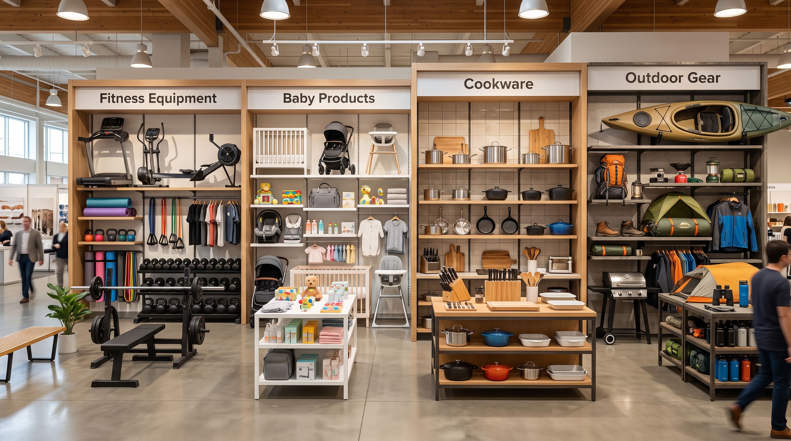 Multiple specialty product categories arranged on organised retail shelving in a professional showroom with clear category signage