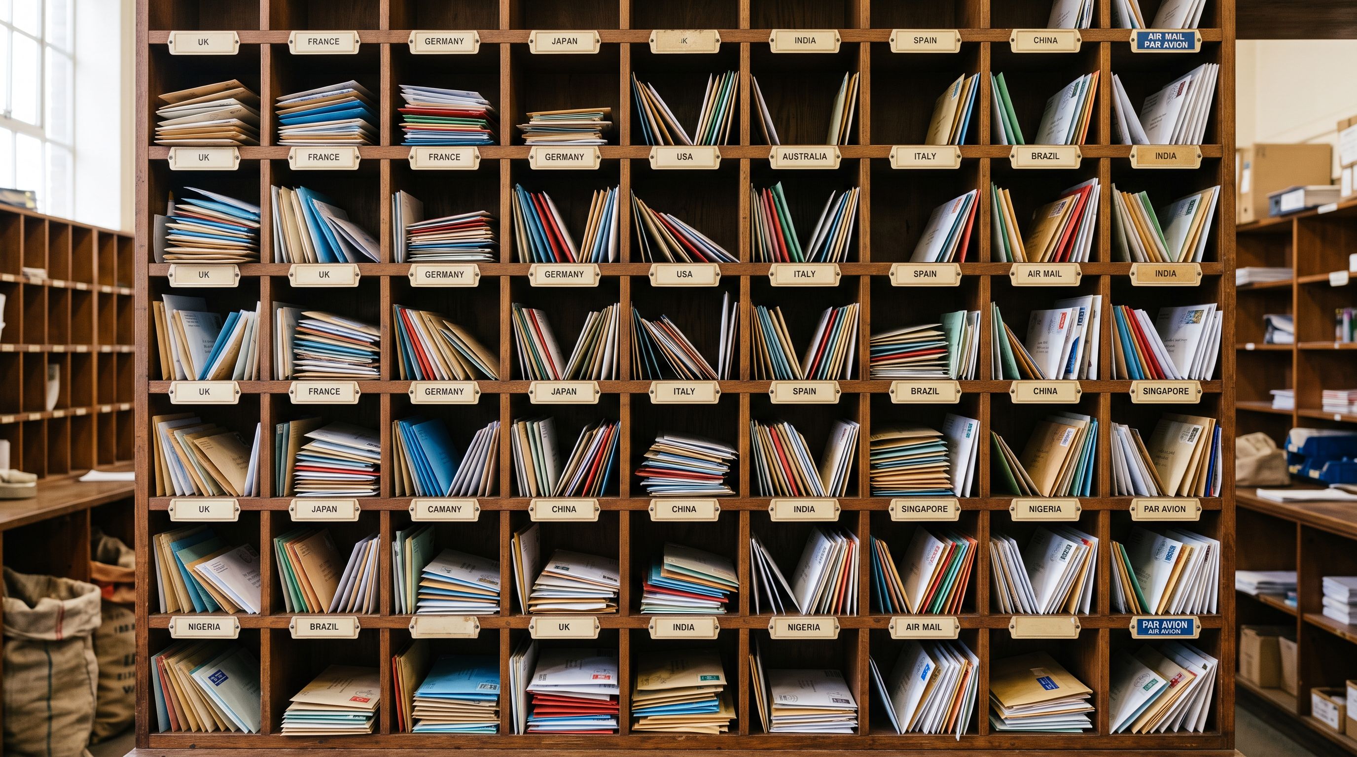 Rows of international correspondence envelopes in distinct paper colours sorted into labelled pigeonholes in a post room wall.