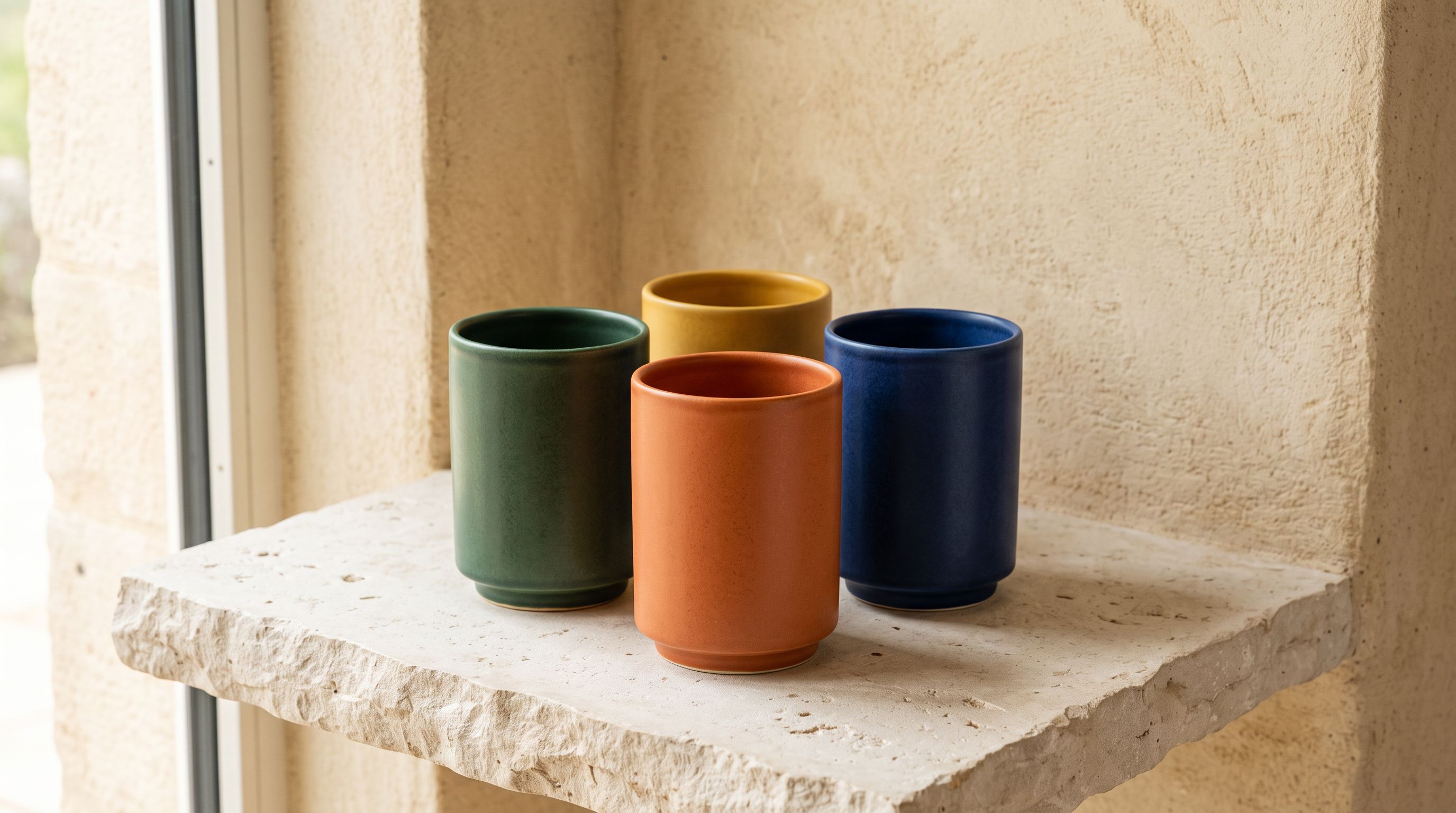 Four identical ceramic vessels in distinct solid colours arranged in a diamond formation on a pale stone shelf, each a different colour from adjacent neighbours.