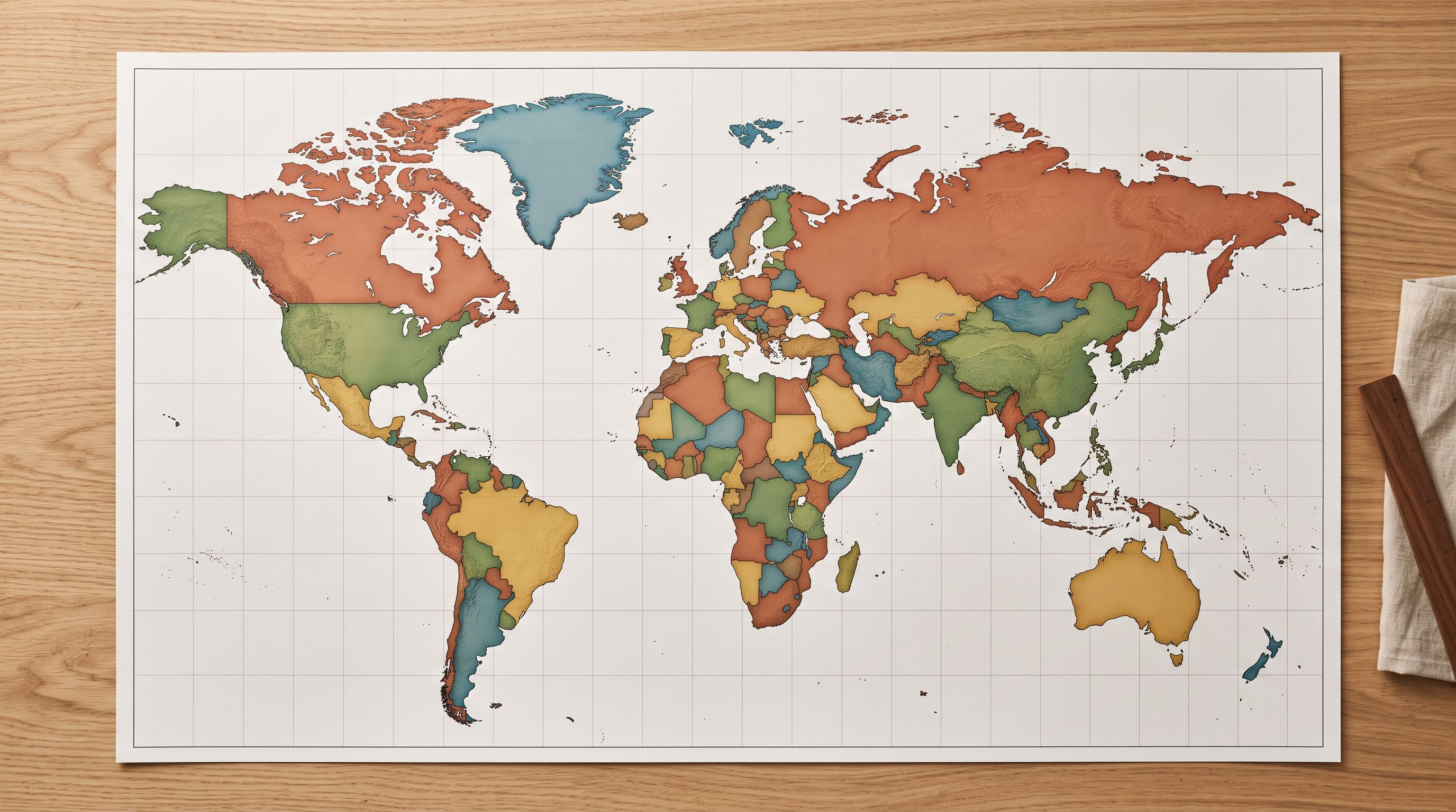 A printed world map with country regions shaded in distinct tonal bands spread flat on a light oak desk.