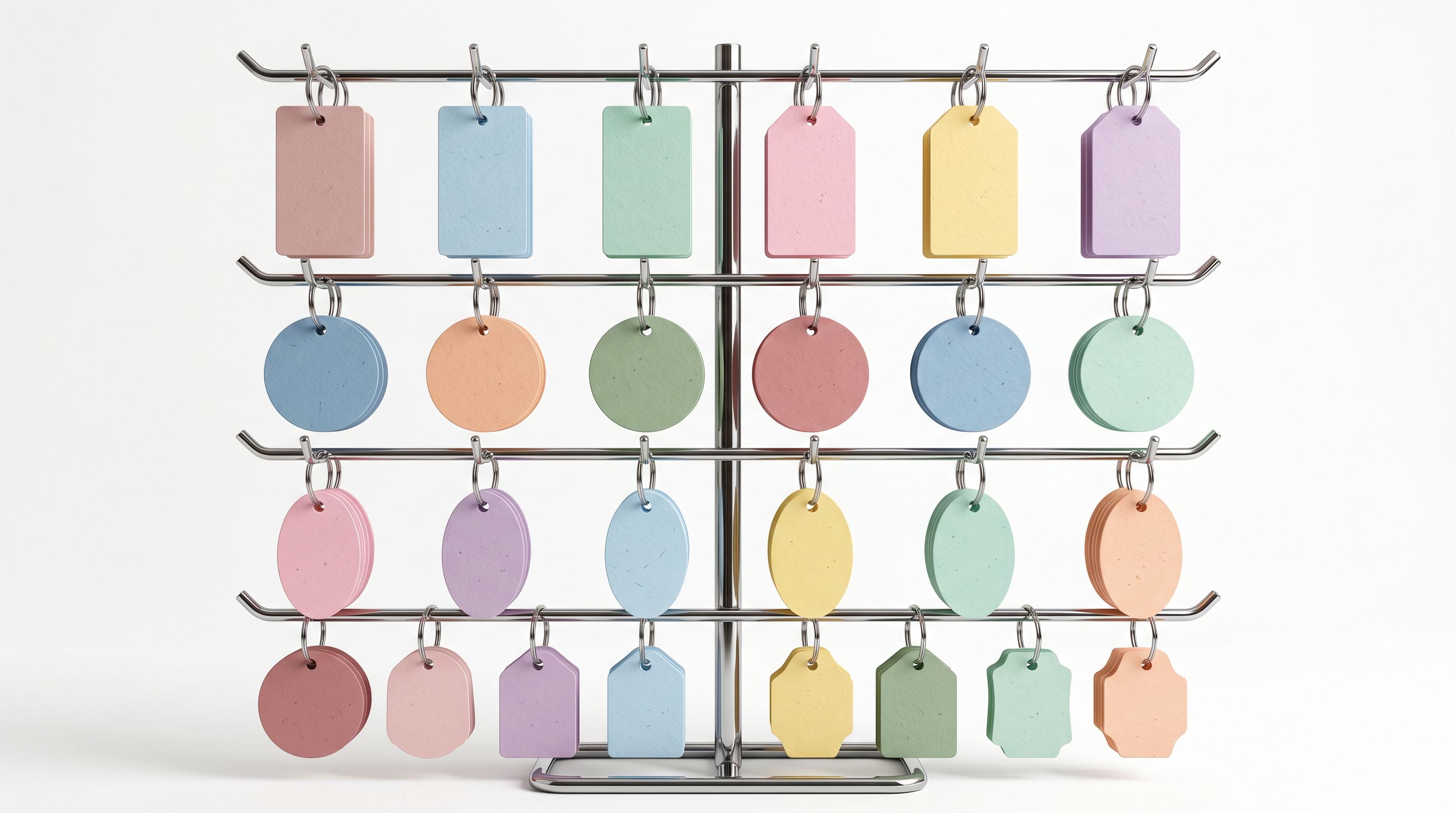 Retail product swing tags in pastel colours hanging on a chrome display stand.