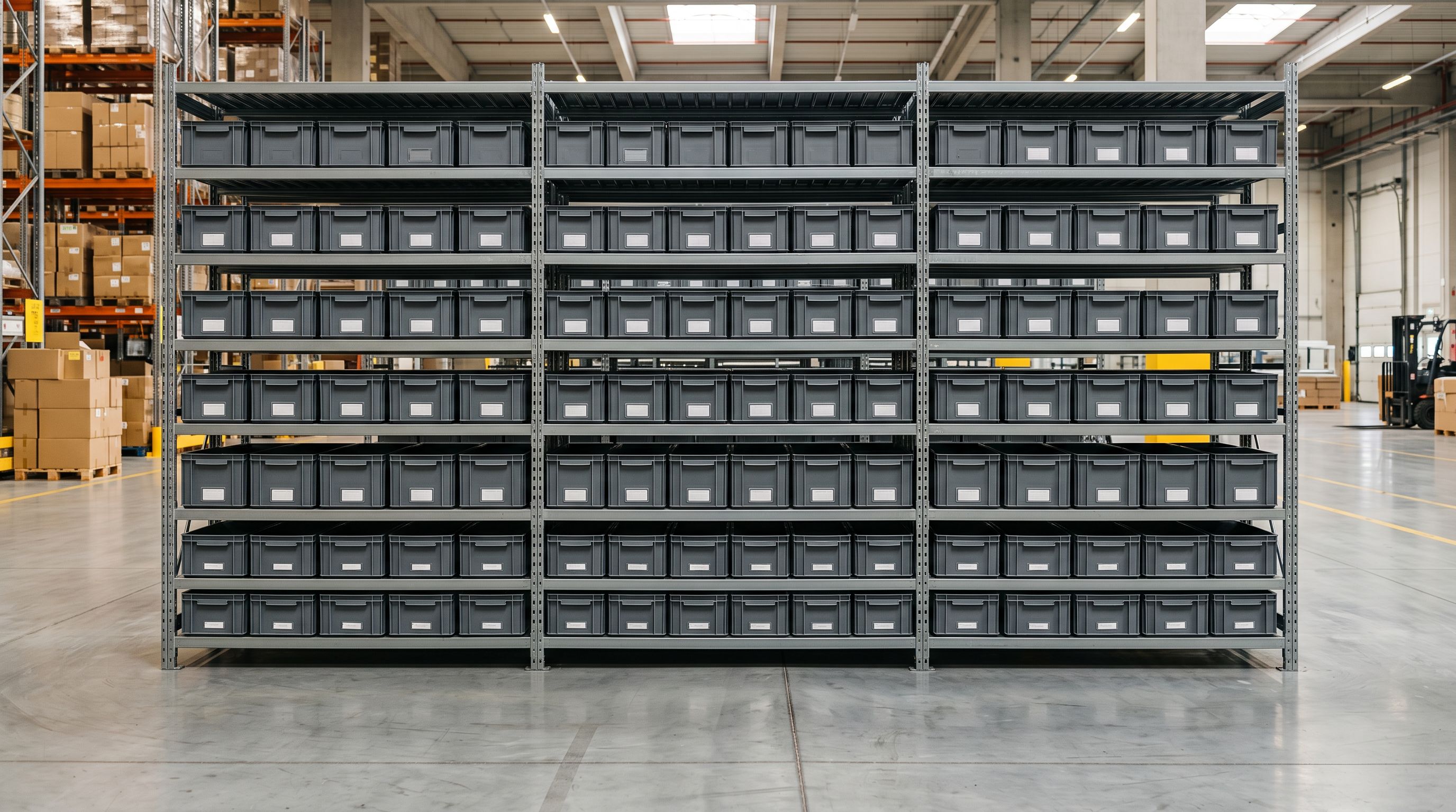 Industrial metal warehouse shelving with rows of grey plastic sorting bins.