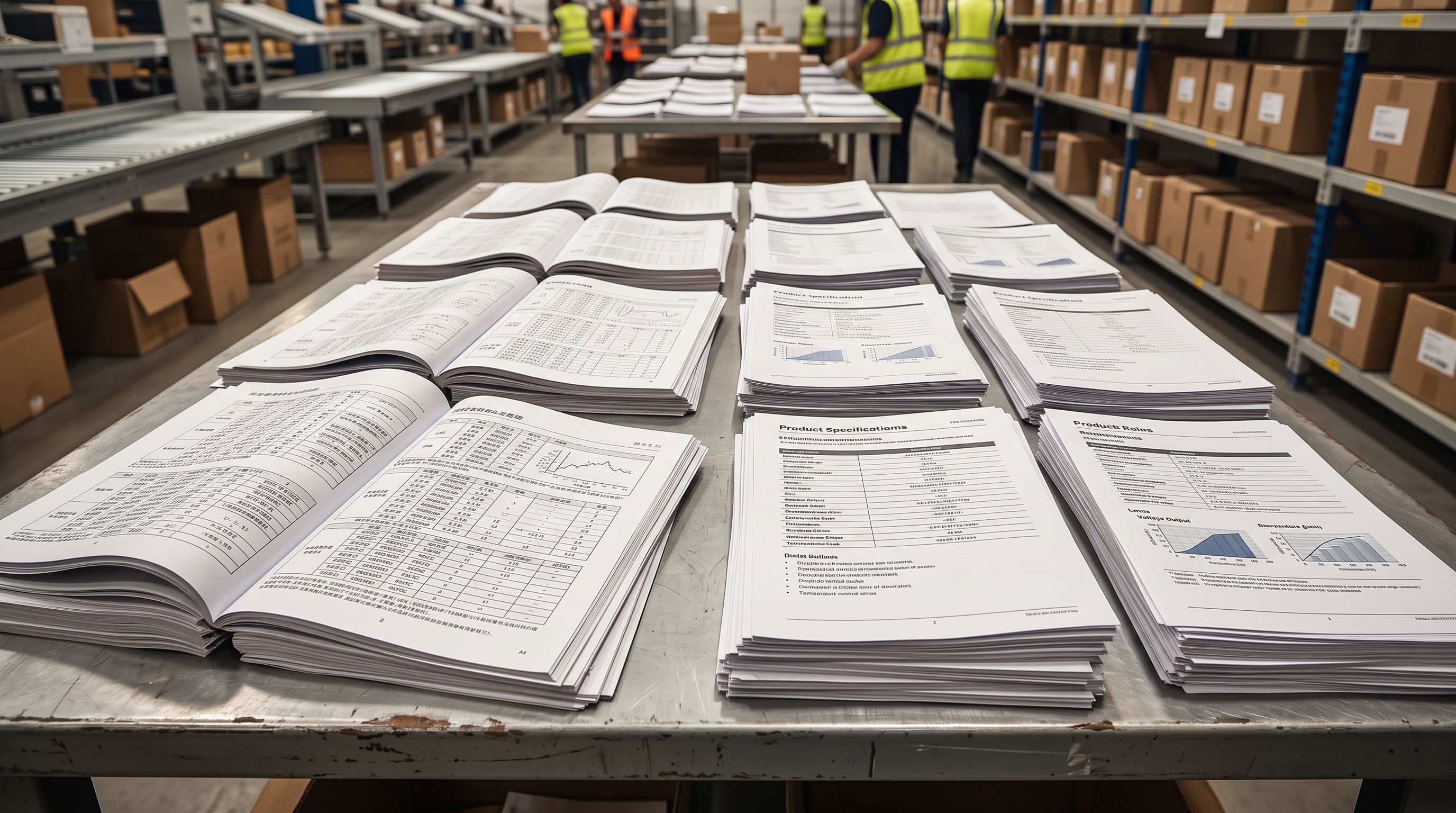Stacked product specification sheets showing Asian script text beside English product data on a fulfilment sorting table.